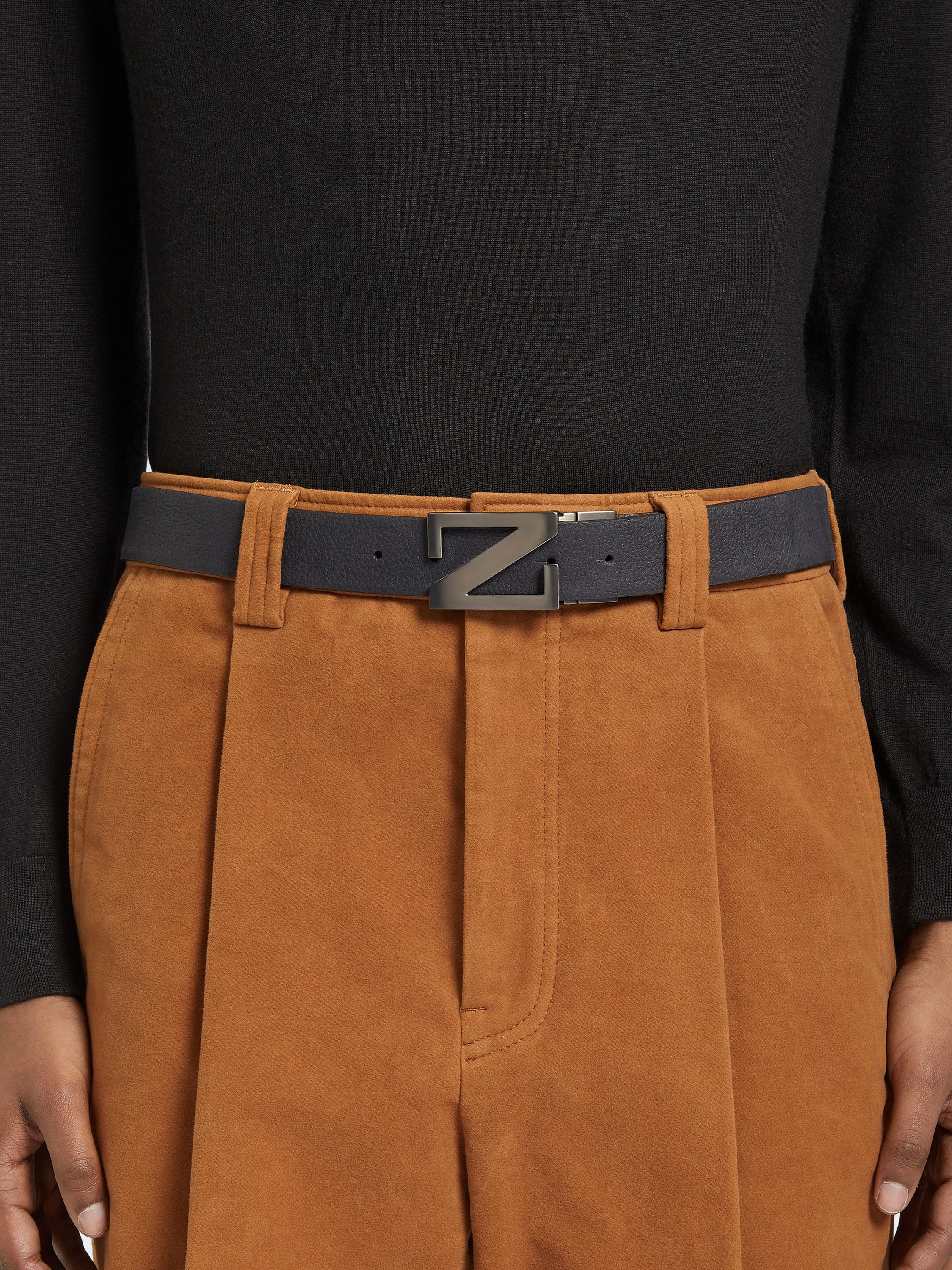 NAVY BLUE AND BLACK REVERSIBLE LEATHER BELT - 3