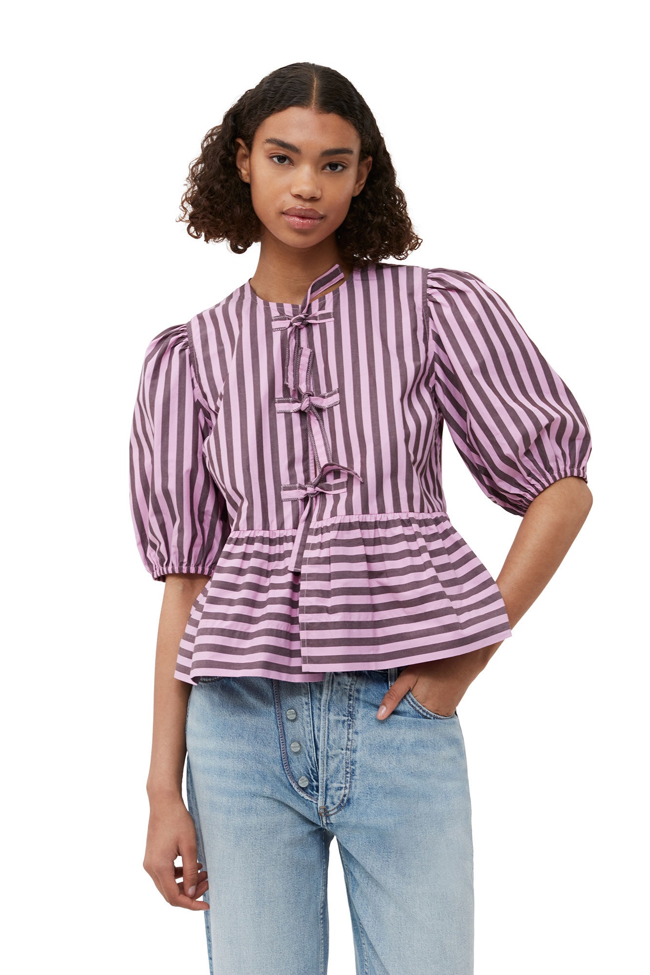 STRIPED COTTON POPLIN PEPLUM TIE BLOUSE - 5