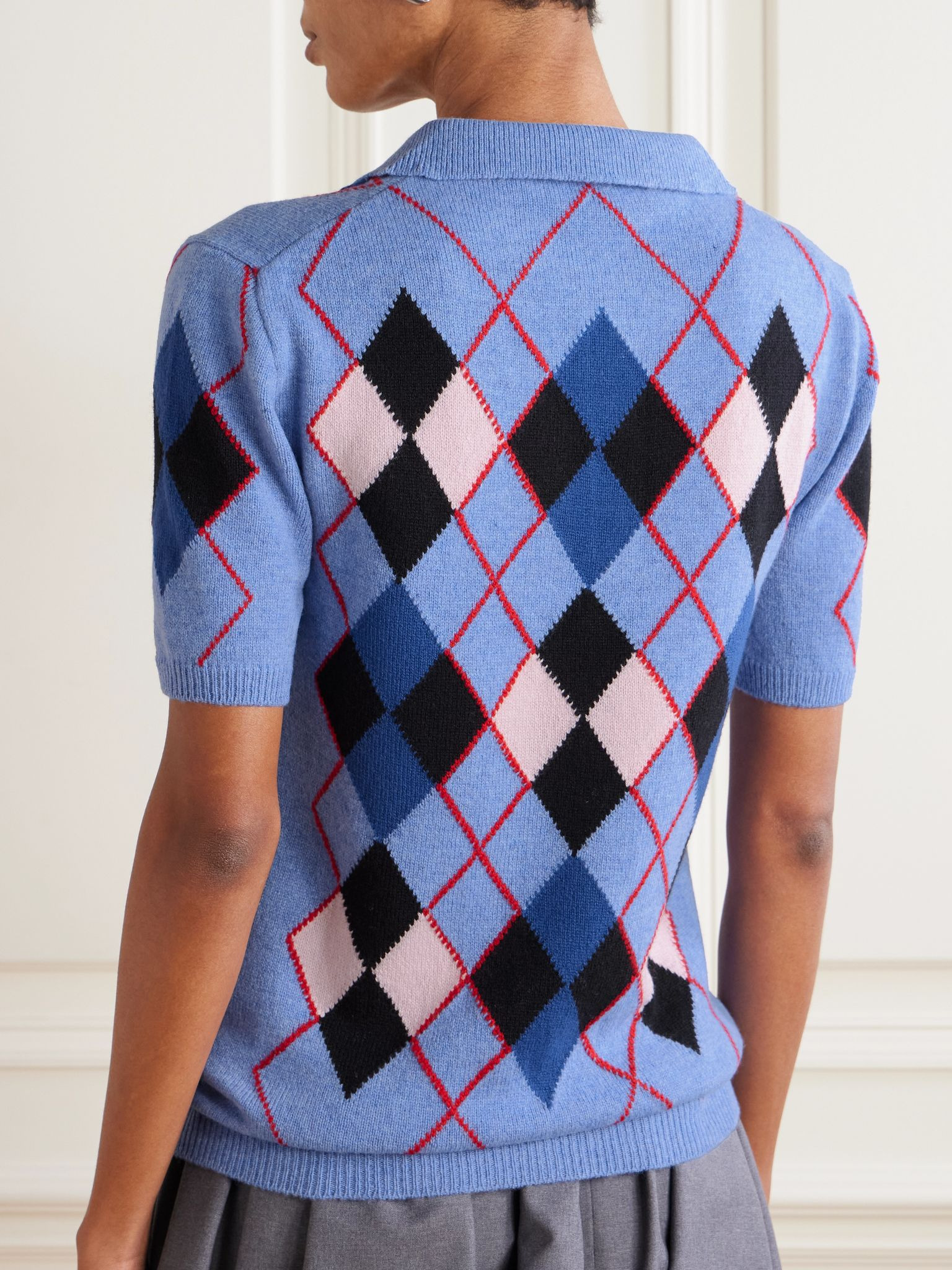 Embroidered argyle wool polo shirt Blue - 3