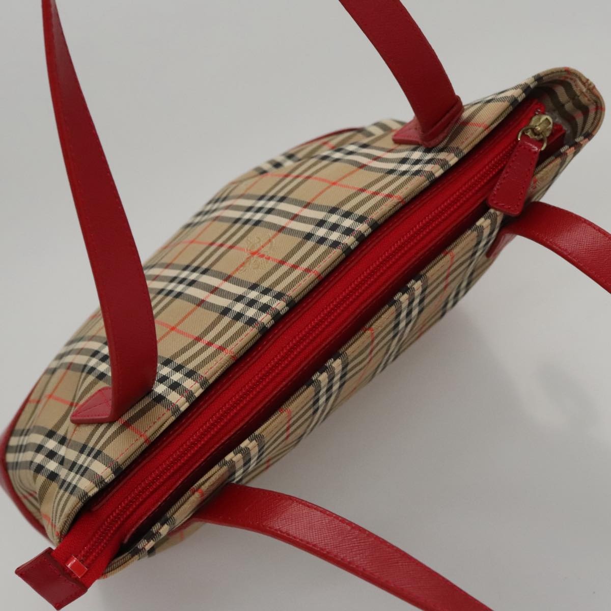 Burberry Nova Check Hand Bag Canvas Leather Beige Red Gold - 6