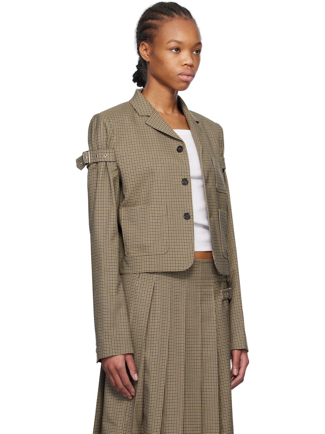 Beige Checkered Belted Blazer - 2
