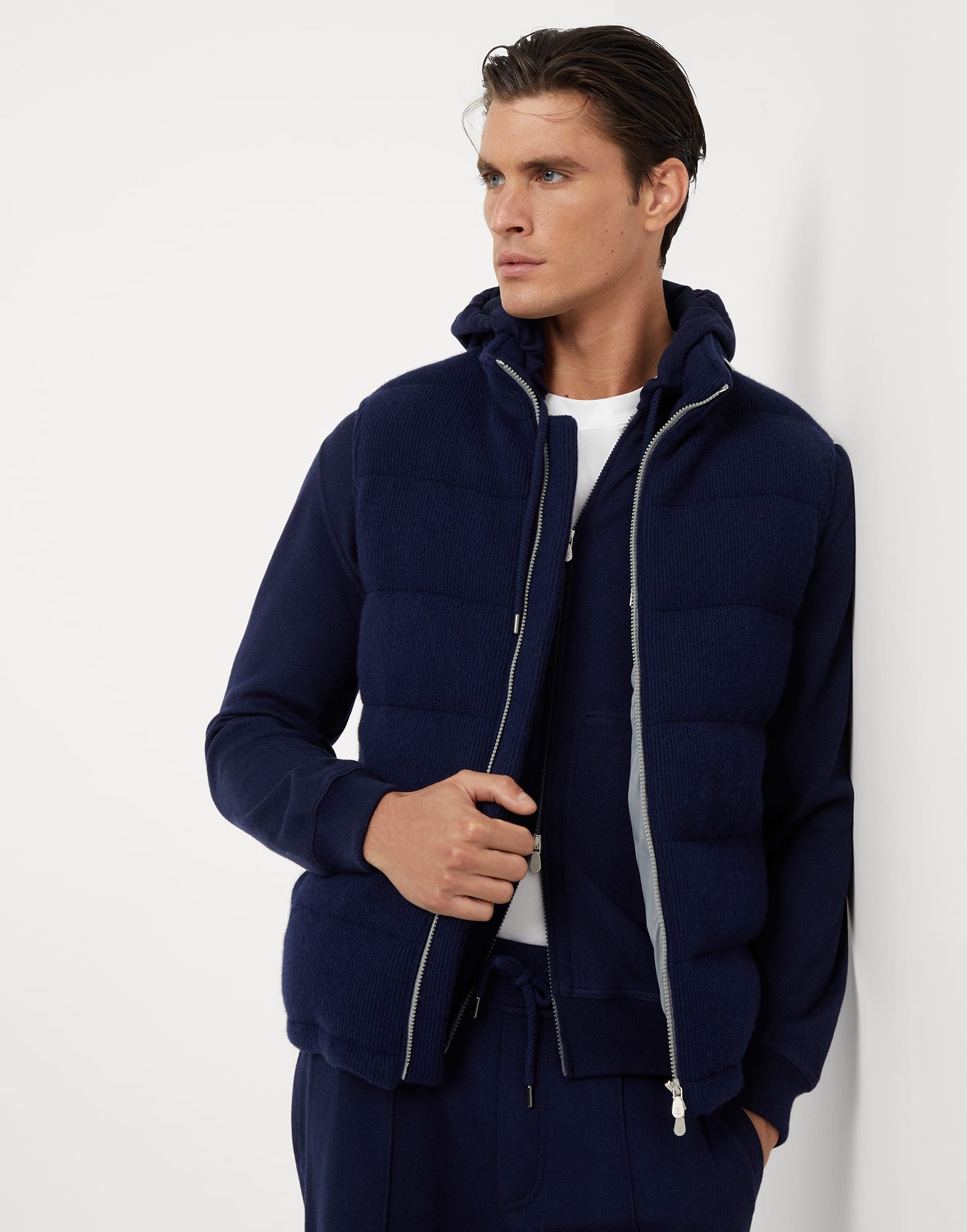 Cashmere English rib knit down vest with packable hood - 4