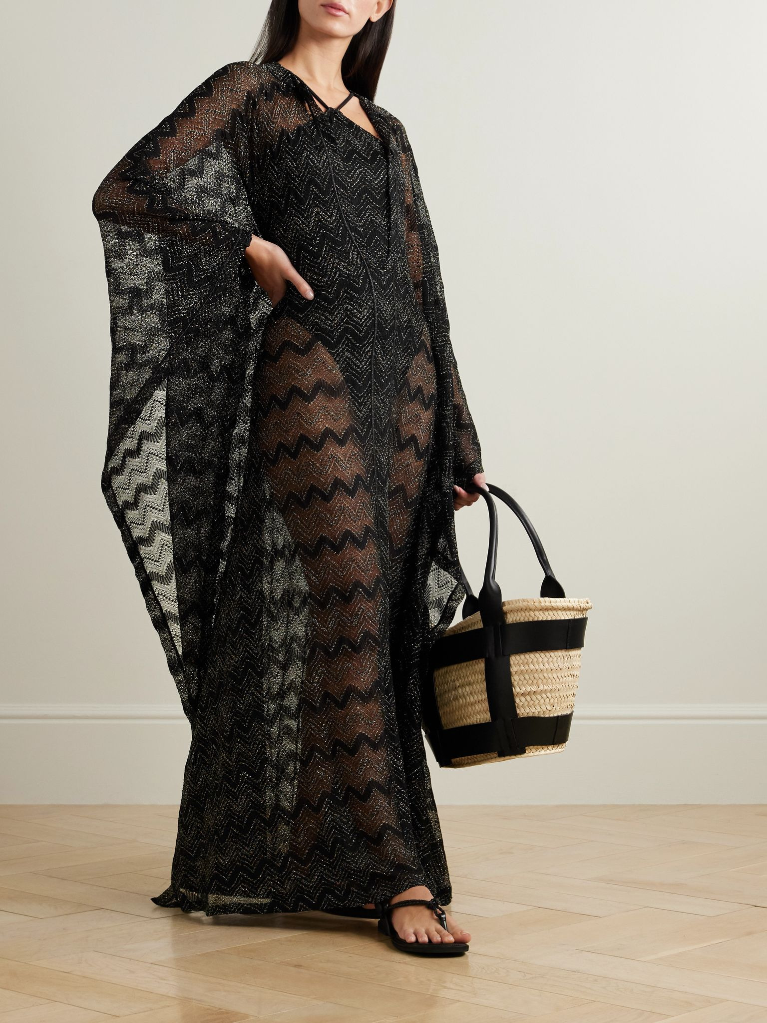 Mare striped metallic crochet-knit kaftan Black - 2
