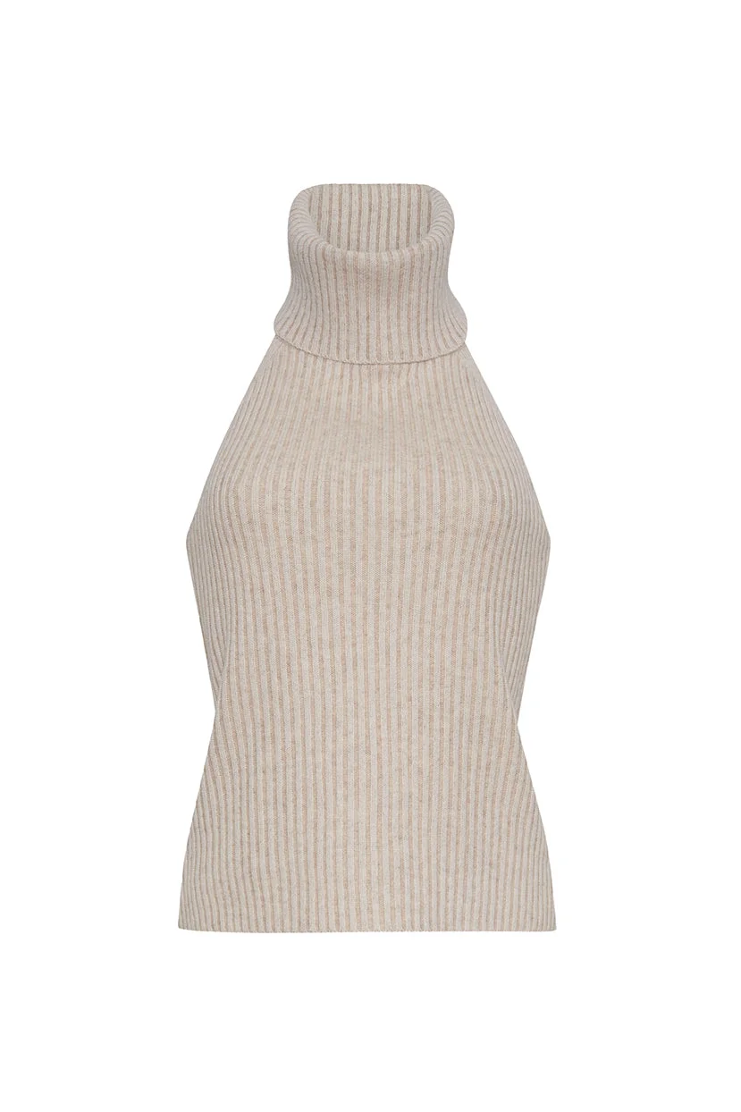 Samson Top
Statement Elegance: Form-Fitting Ribbed Knit Halter with an Open Back and Luxurious Overs - 1