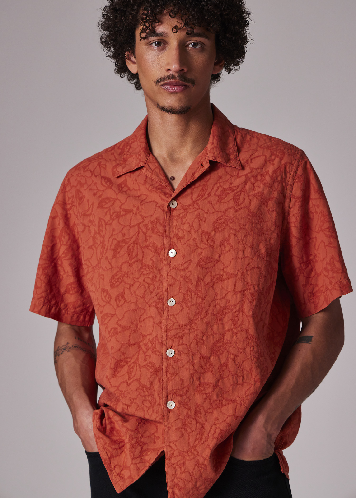 Orange Cotton Textured-Jacquard Short-Sleeve Shirt - 7