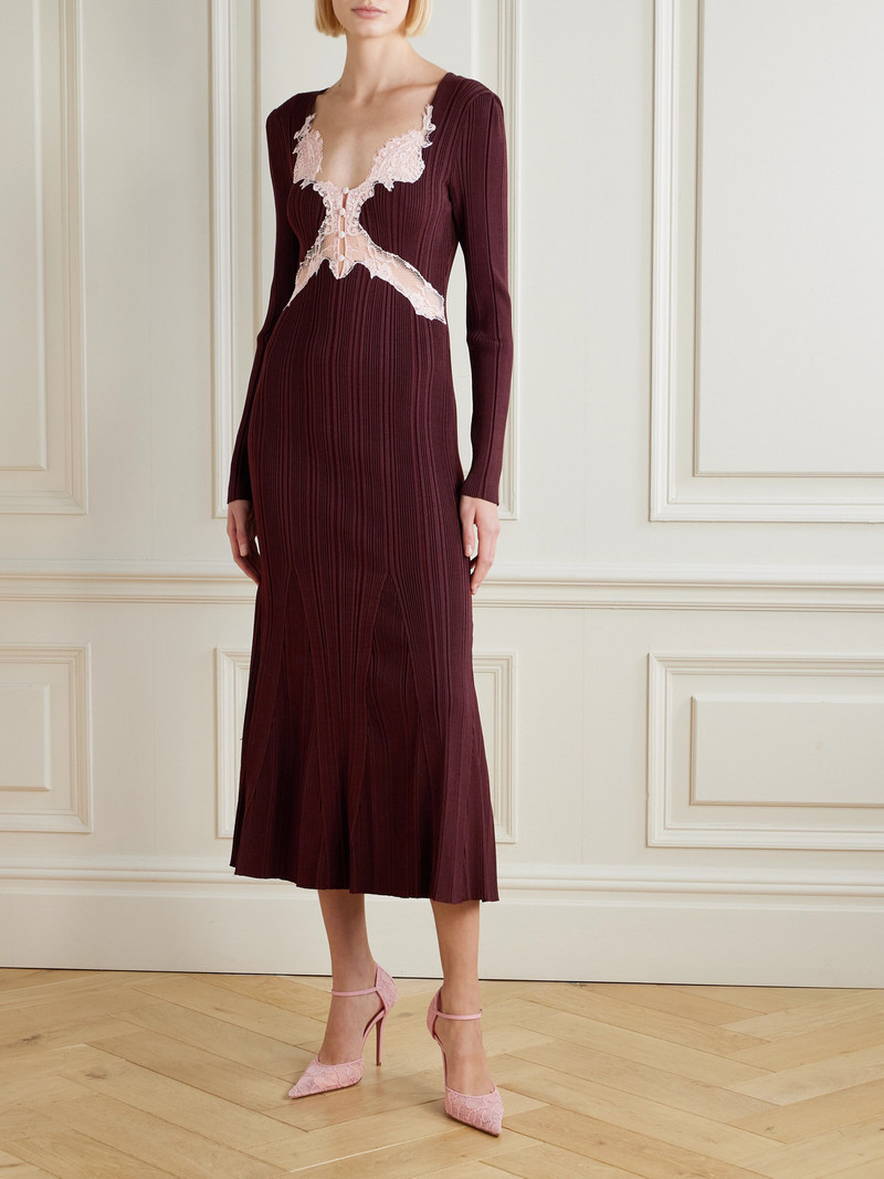 self-portrait Lace-trimmed Ribbed-knit Midi Dress outlook
