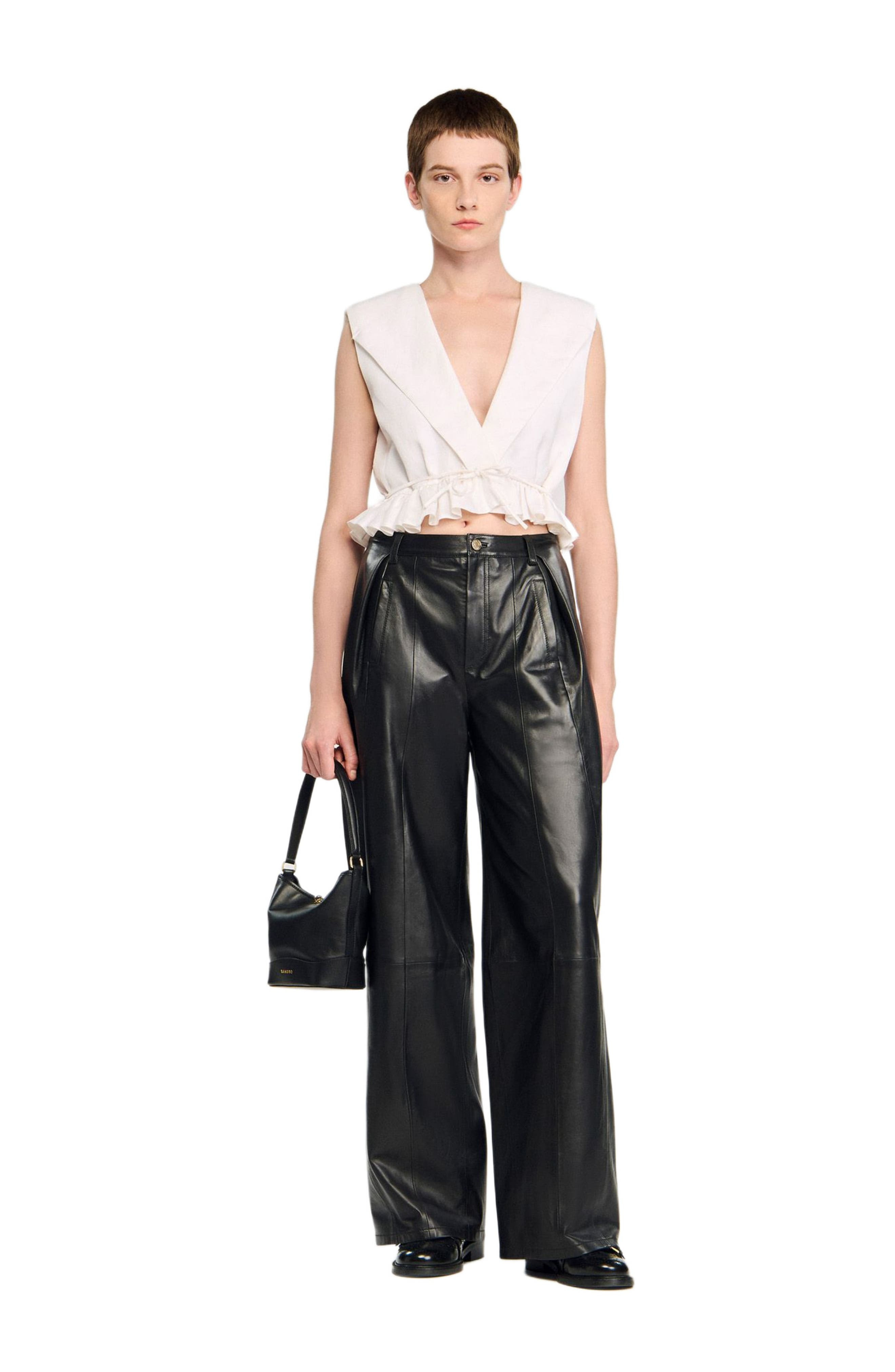 SANDRO Ruffled V-neck crop top in Ecru at Nordstrom - 6
