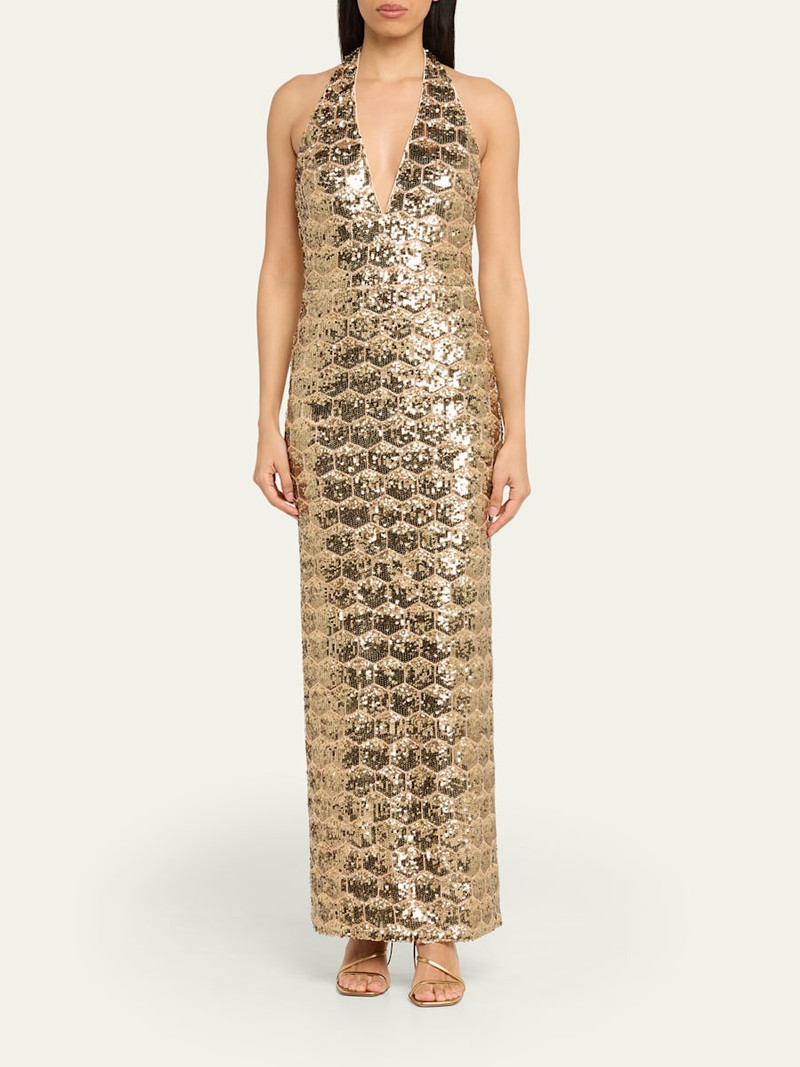 RAMY BROOK Shauna Backless Geometric Sequin Halter Gown outlook