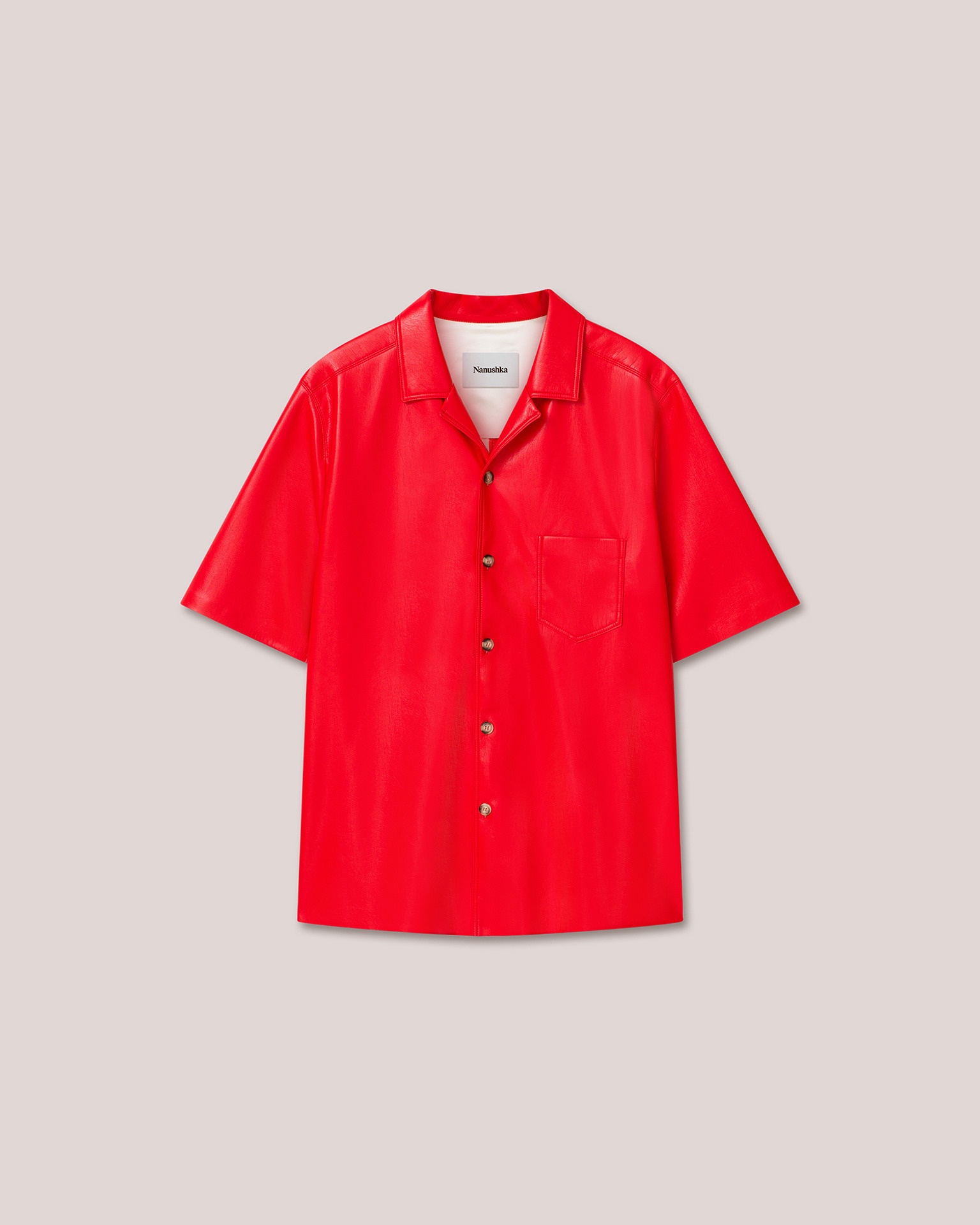 BODIL - Vegan leather short sleeve button up shirt - Red - 1