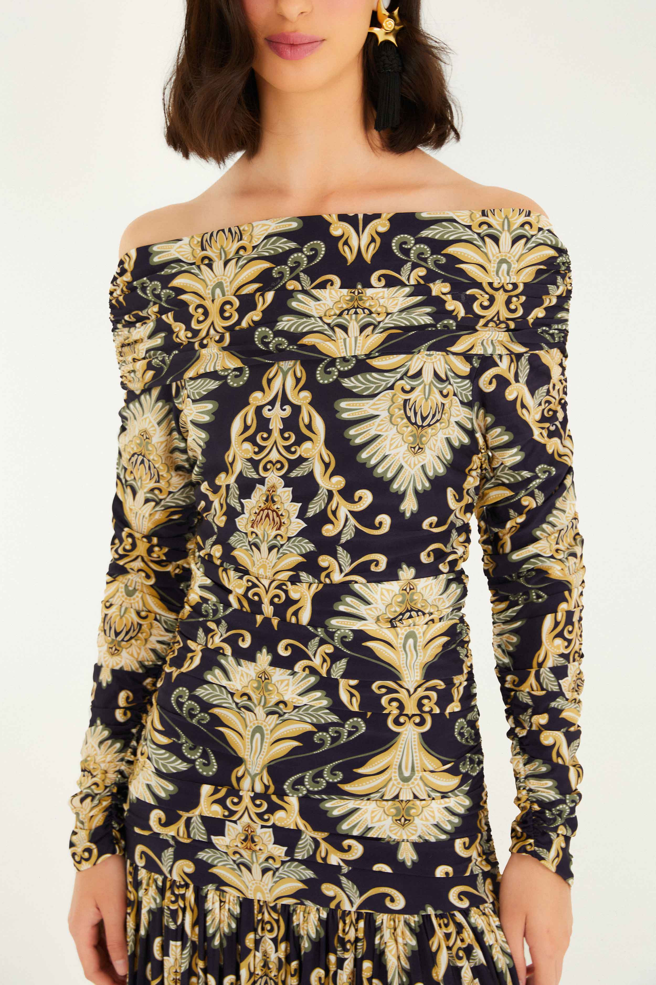 Navy Blue Wonderful Arabesque Off-Shoulder Maxi Dress - 3