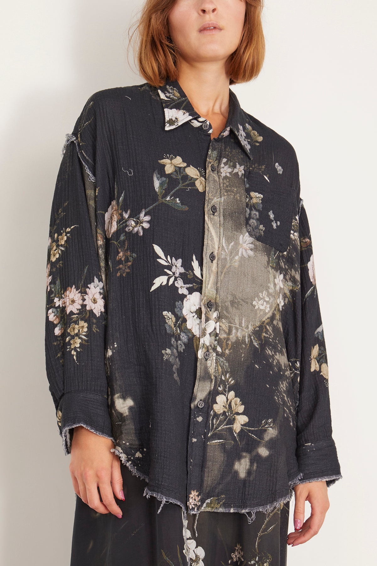 Shredded Seam Drop Neck Shirt in Black Bleached Floral - 3