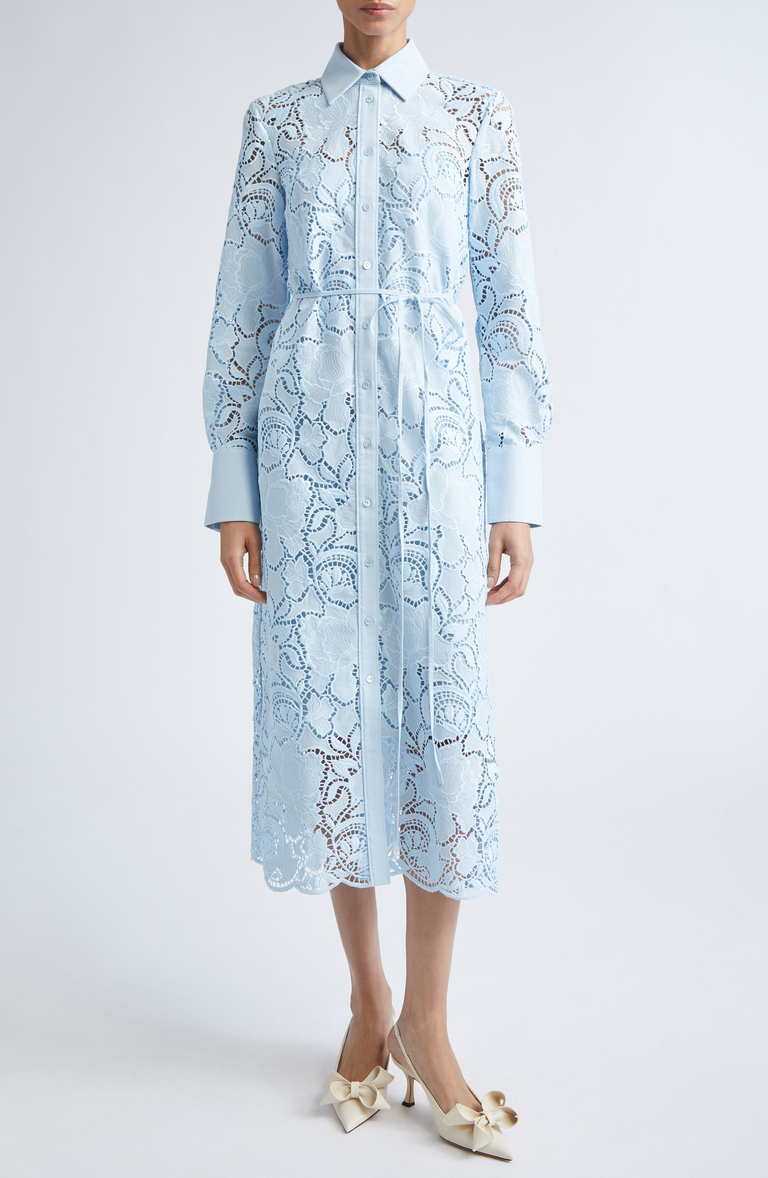 Erdem Long Sleeve Floral Cutwork Lace Shirtdress in Dream Blue at Nordstrom - 1
