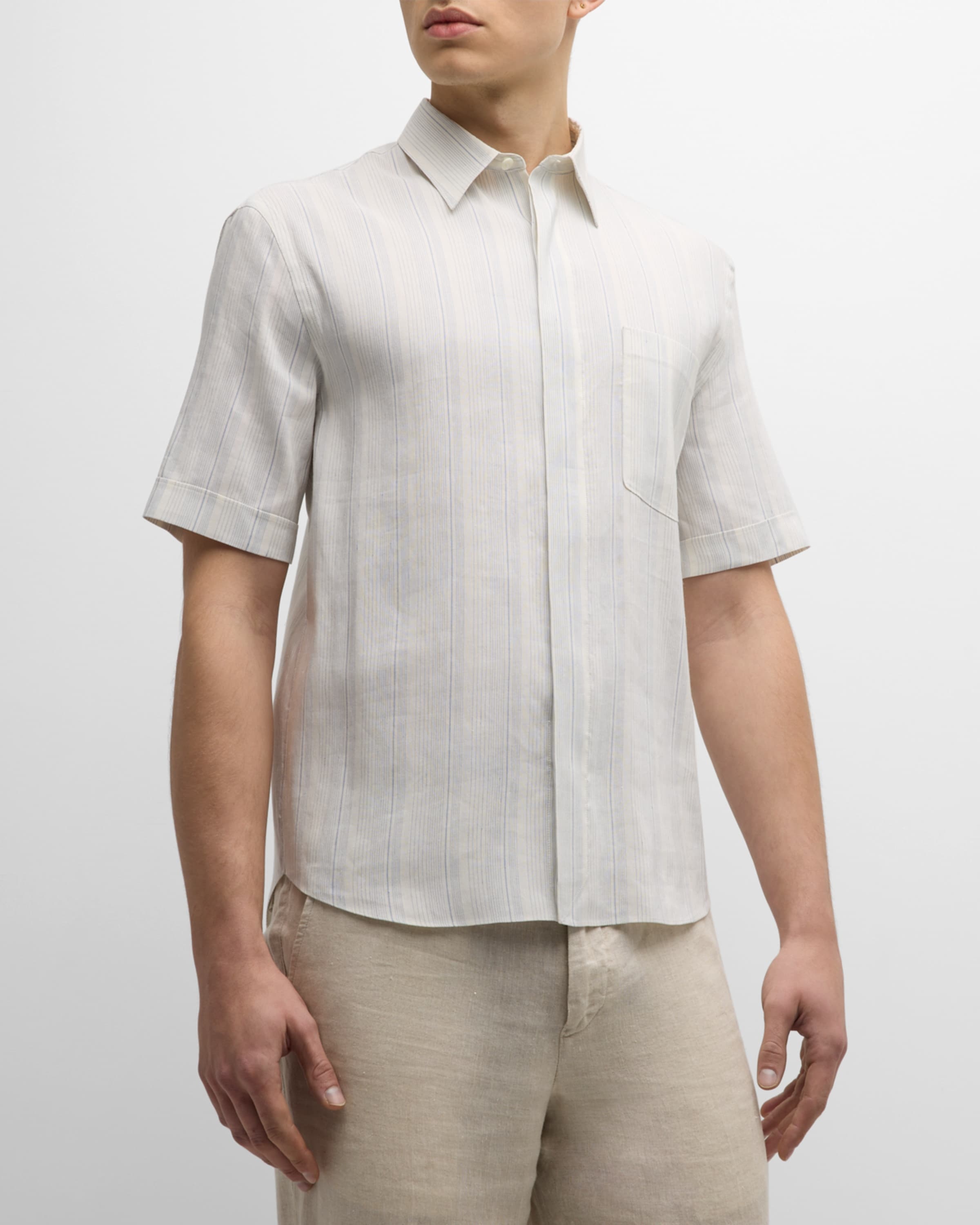 Men's Linen-Silk Stripe Short-Sleeve Shirt - 2