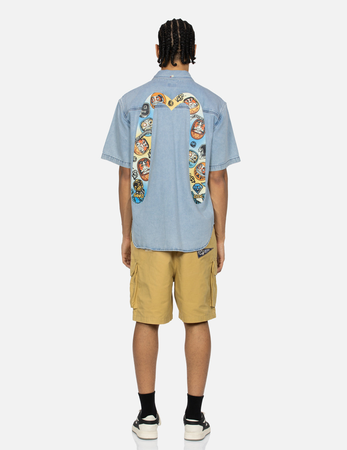 GAMING DARUMA DAICOCK PRINT RELAX FIT SHORT-SLEEVE DENIM SHIRT - 5
