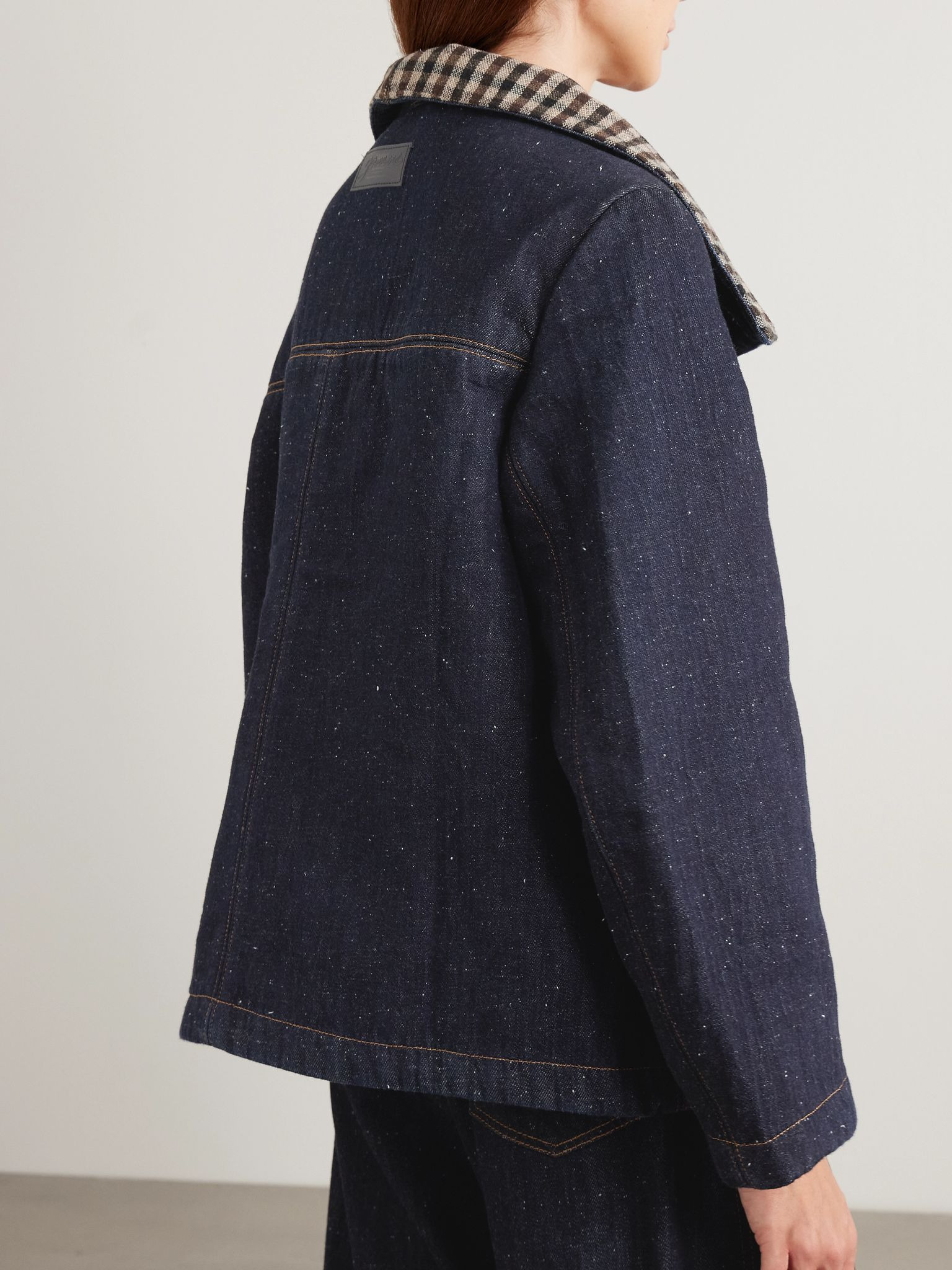 Neppy checked tweed-trimmed organic denim jacket Dark denim - 4