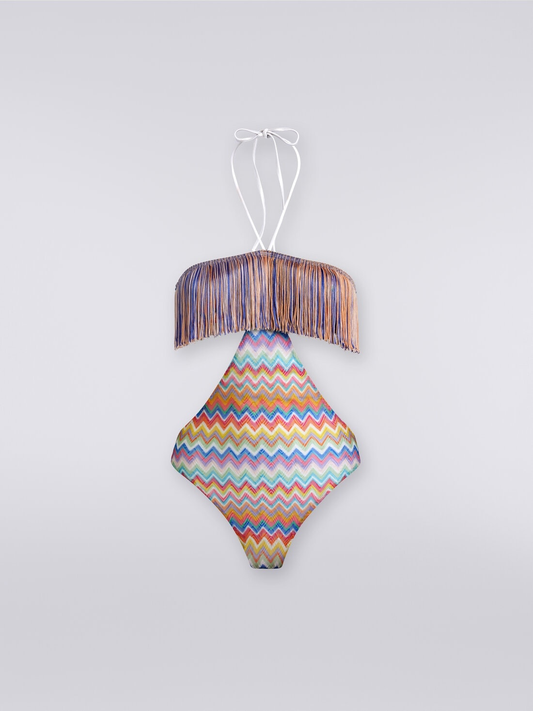One-piece swimming costume with zigzag print and fringes - 1