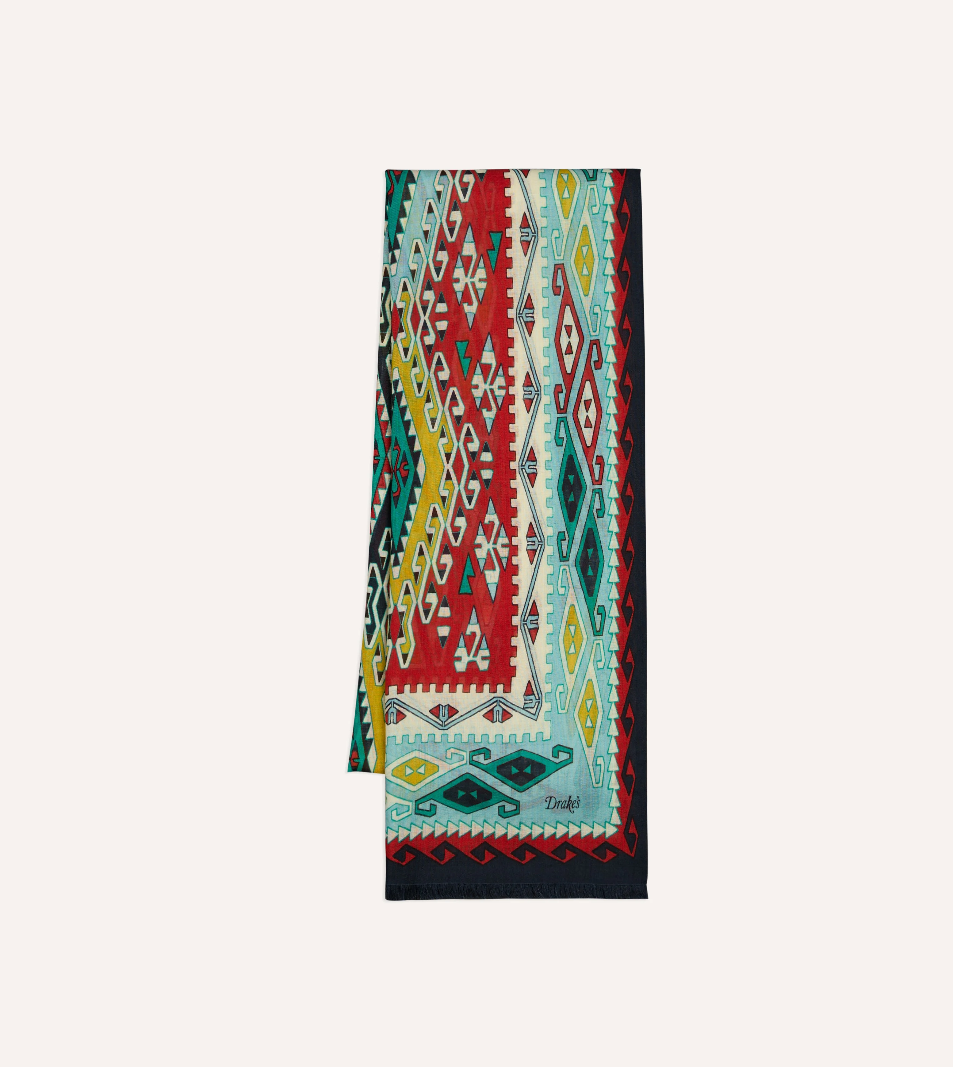 Navy Kilim Print Tubular Wool Silk Scarf - 1