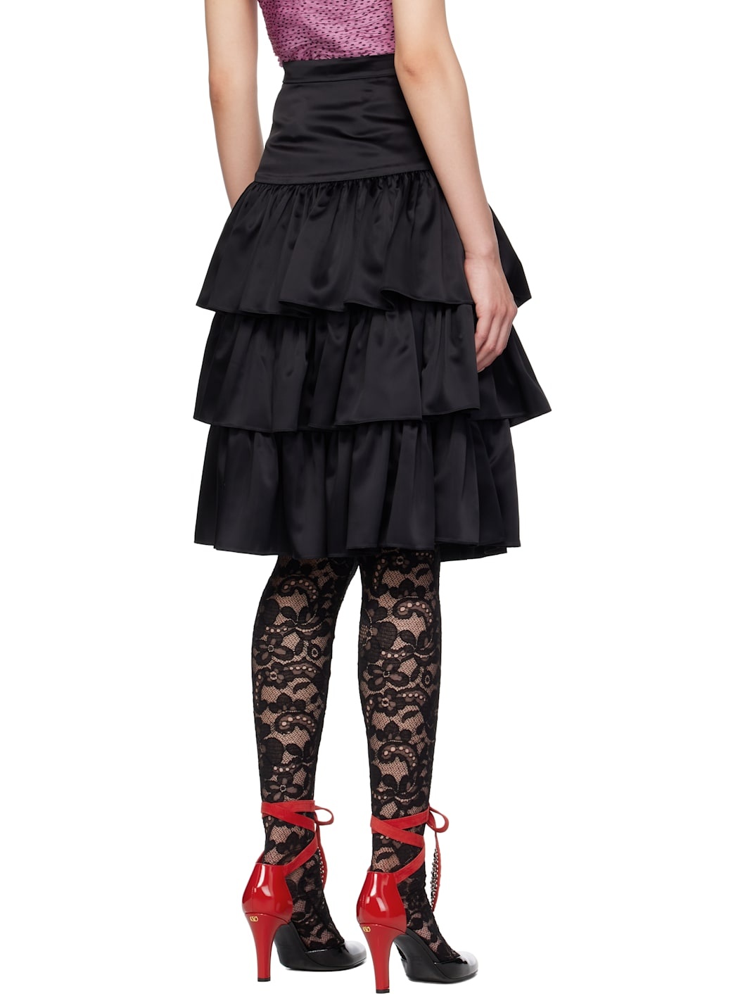 Black Satin Ruffle Midi Skirt - 3