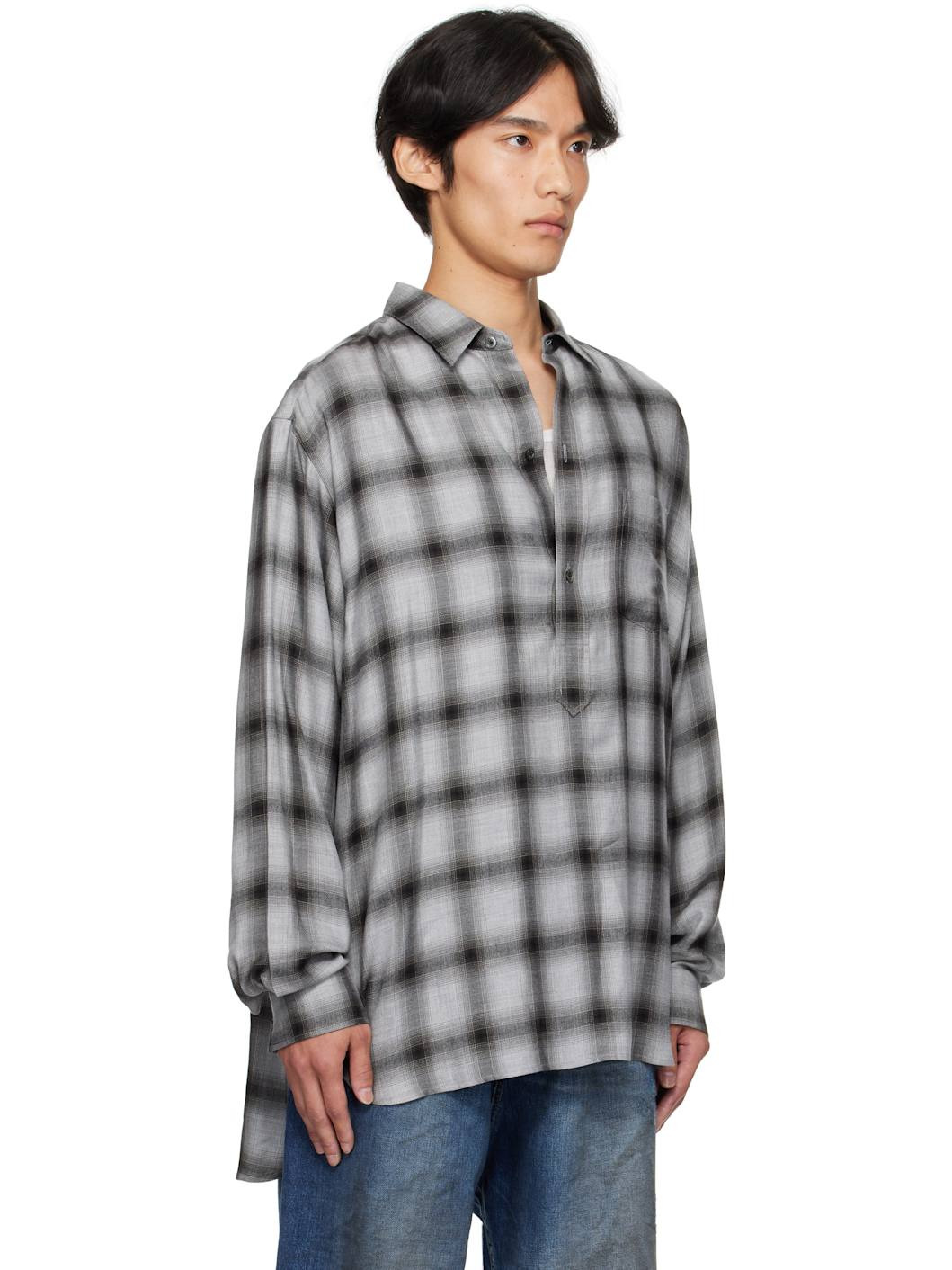 Gray Check Oversized Down Pullover Shirt - 2