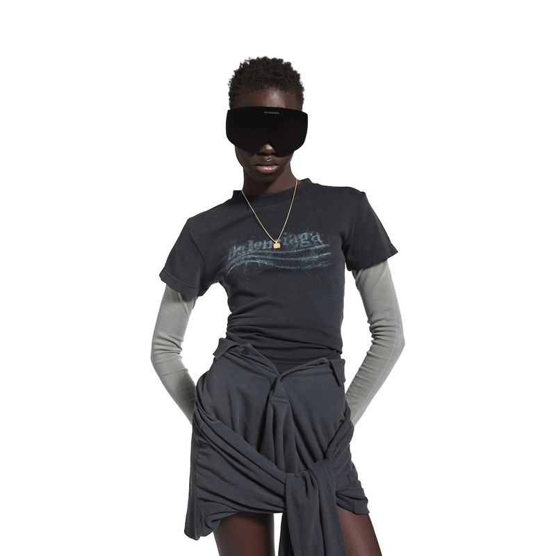 Women's Washed Crayon Political Double Sleeve T-shirt in Black Faded 5