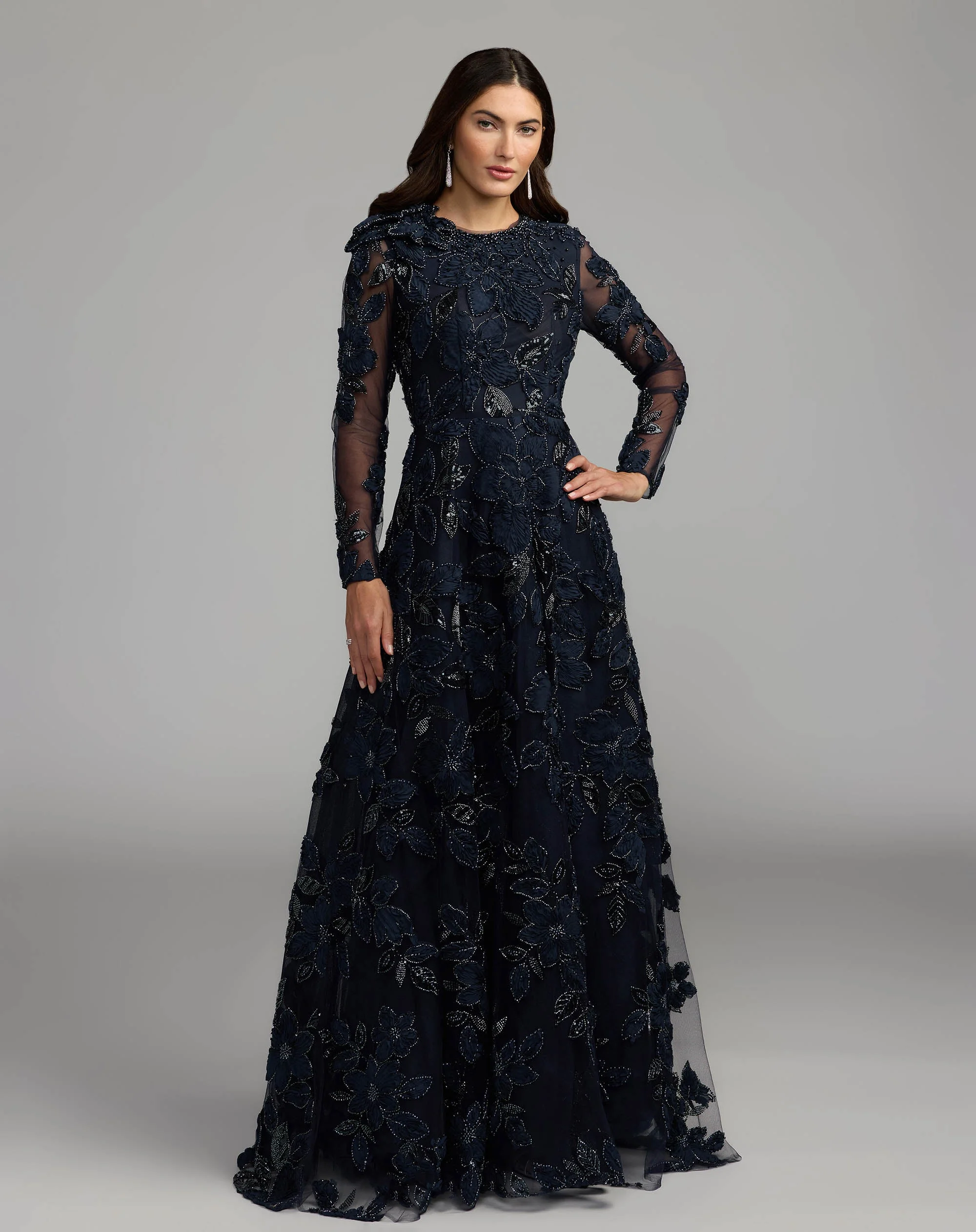 Midnight Floral Embellished Long Sleeve Gown - 1