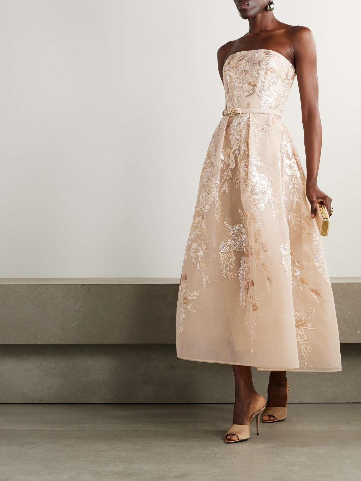 Belted strapless pleated embellished tulle midi dress Pink - 2
