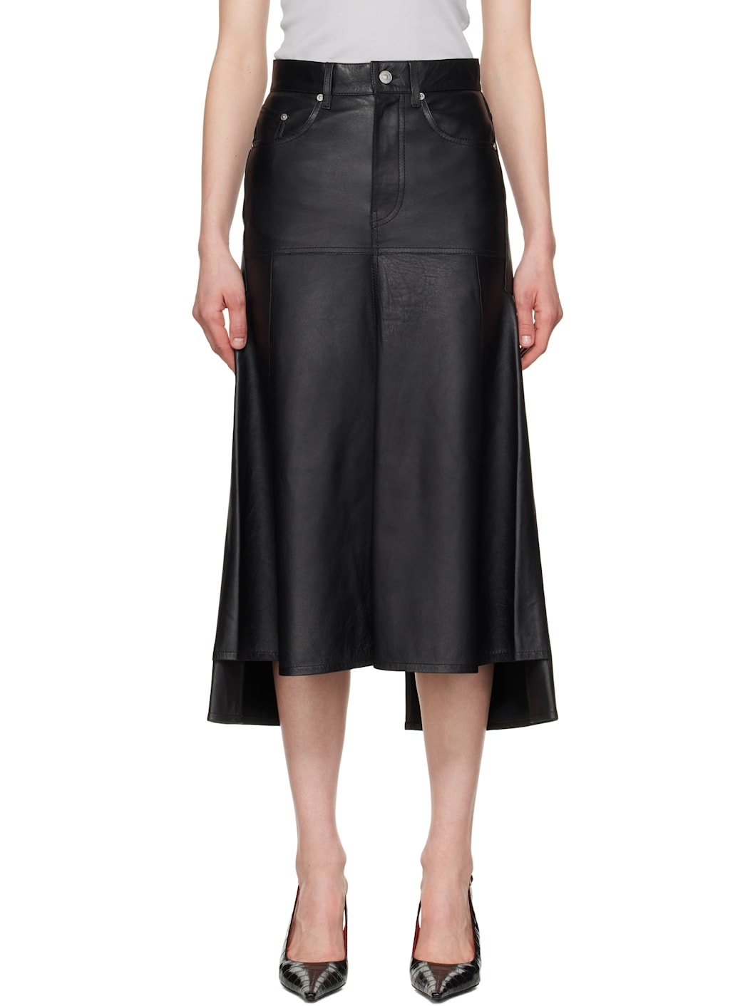 Black Panelled Flare Leather Midi Skirt - 1