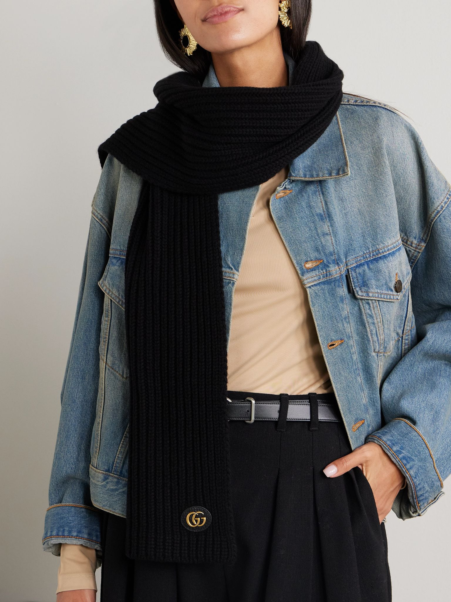 Embellished leather-trimmed ribbed wool and cashmere-blend scarf Black - 2