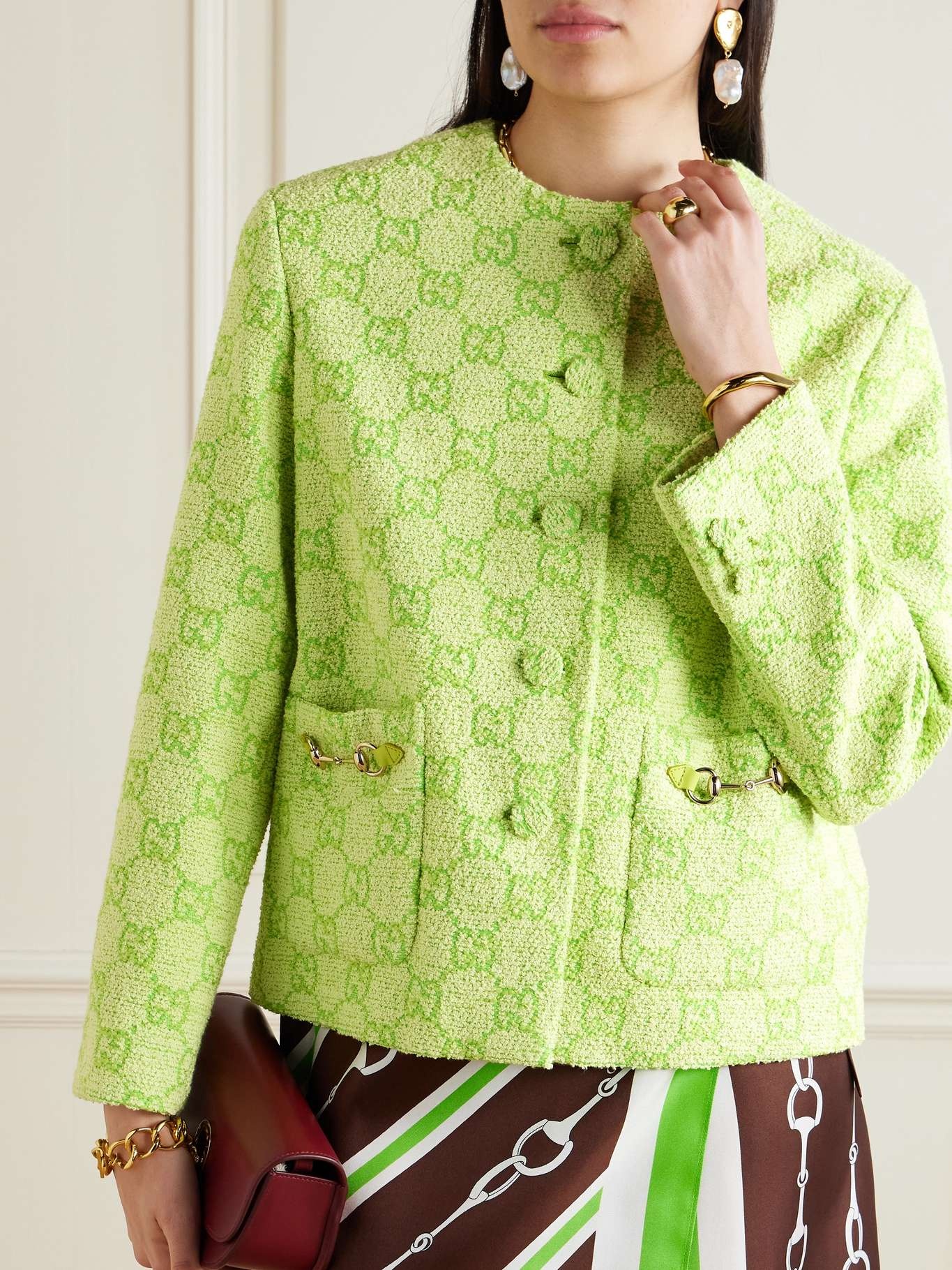 Horsebit-embellished cotton-blend bouclé-jacquard jacket Green - 3