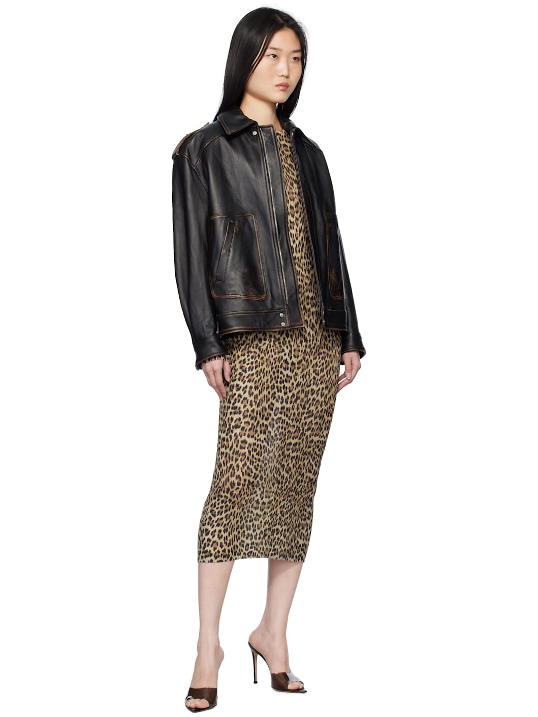 Black Faded Leather Biker Jacket - 4