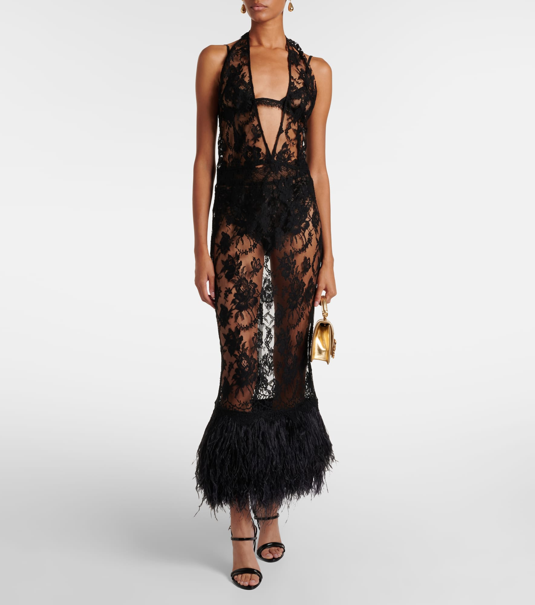Feather-trimmed floral lace midi dress - 2
