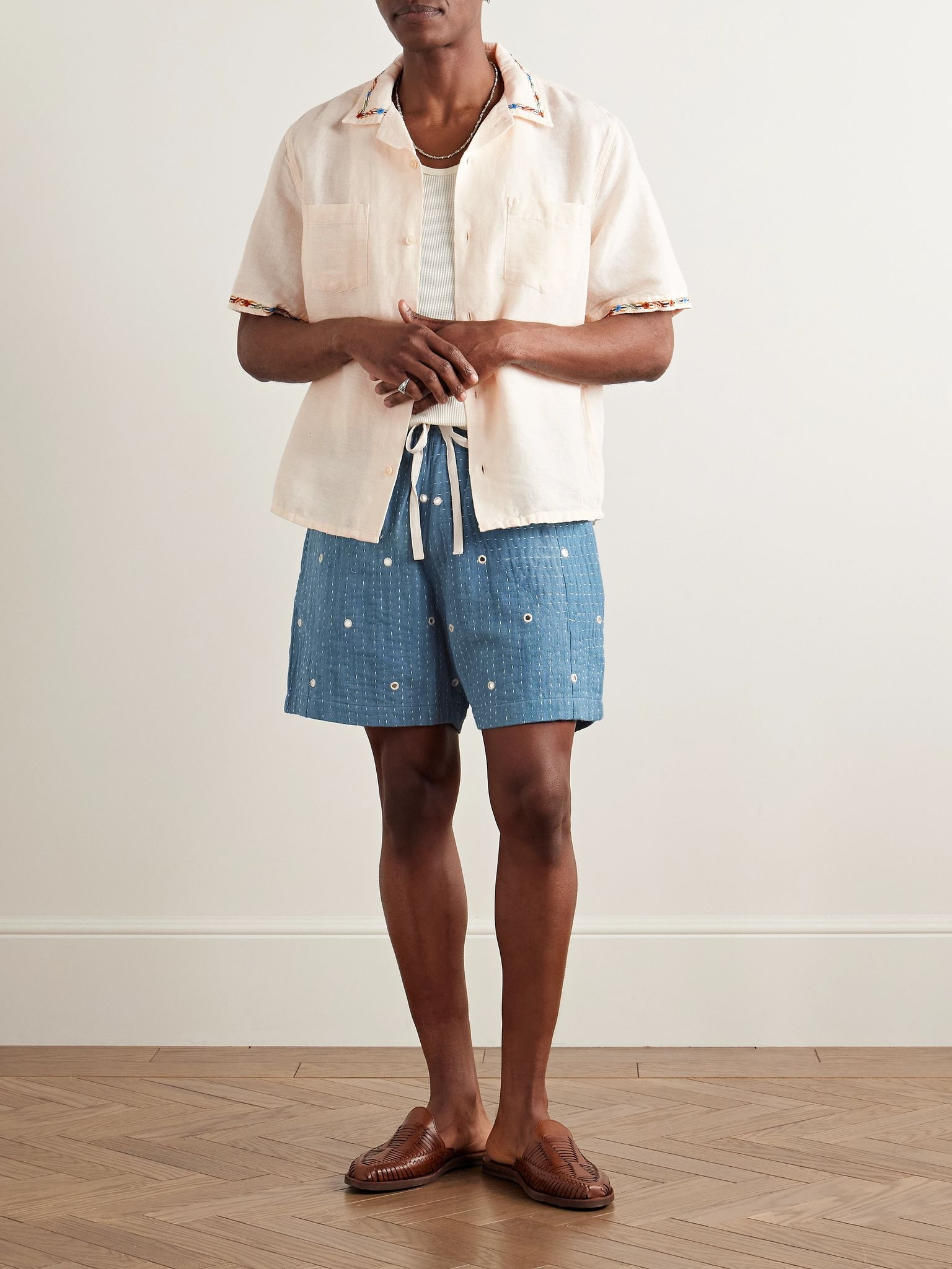 Straight-Leg Embellished Kantha Cotton Drawstring Shorts Blue - 2