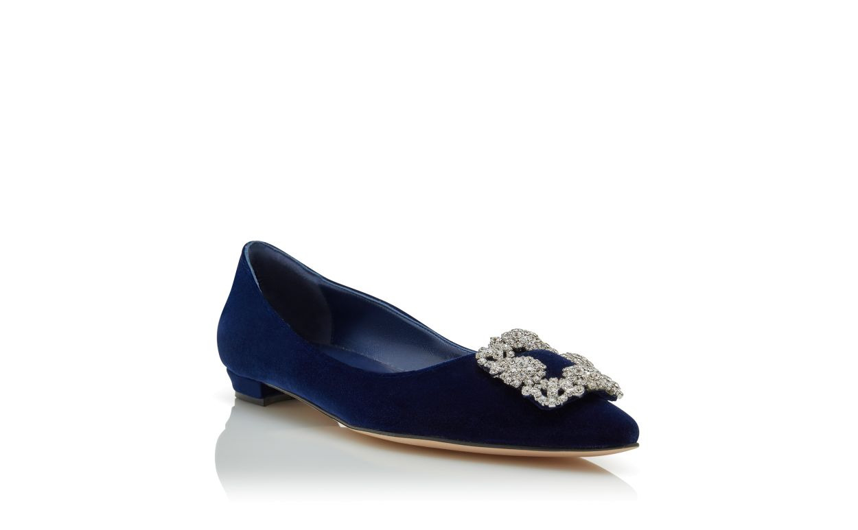 Navy Blue Velvet Jewel Buckle Flat Pumps - 3