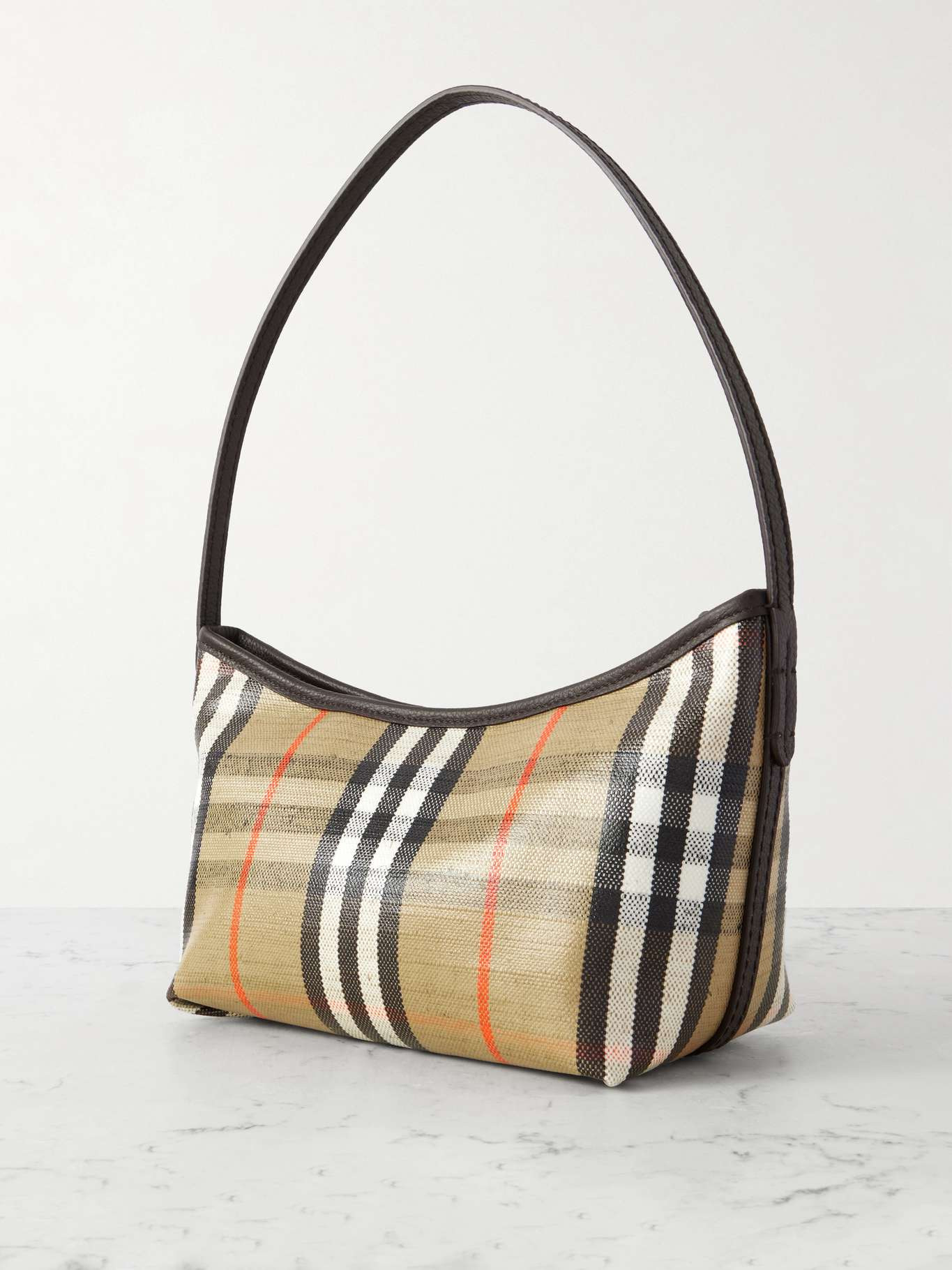 Leather-trimmed checked canvas shoulder bag Sand - 3