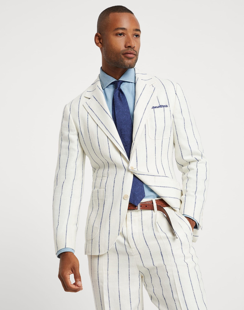 Linen, wool and silk chalk stripe deconstructed blazer with patch pockets 4