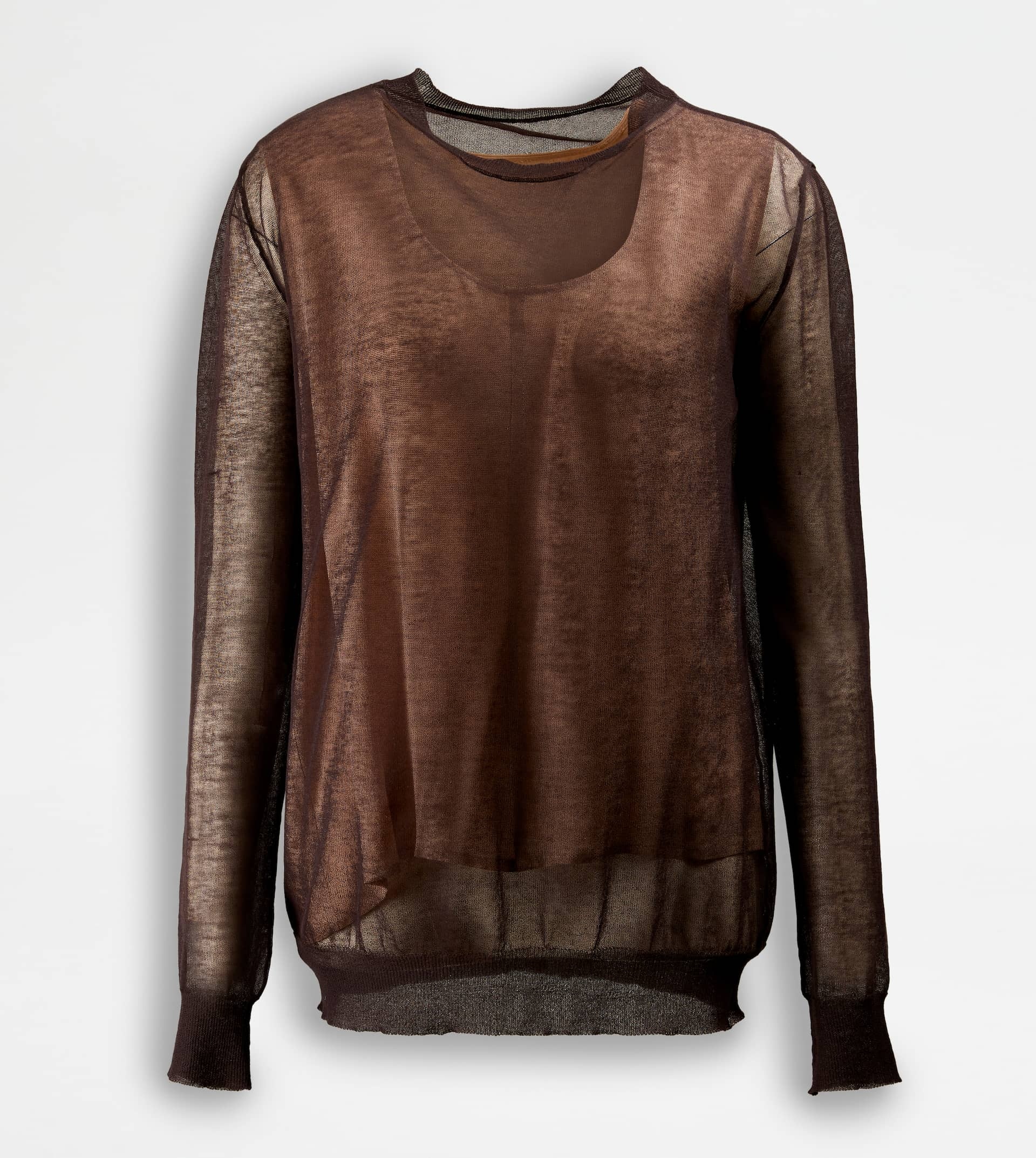 SEMI-TRANSPARENT ROUND NECK JUMPER - BROWN - 1