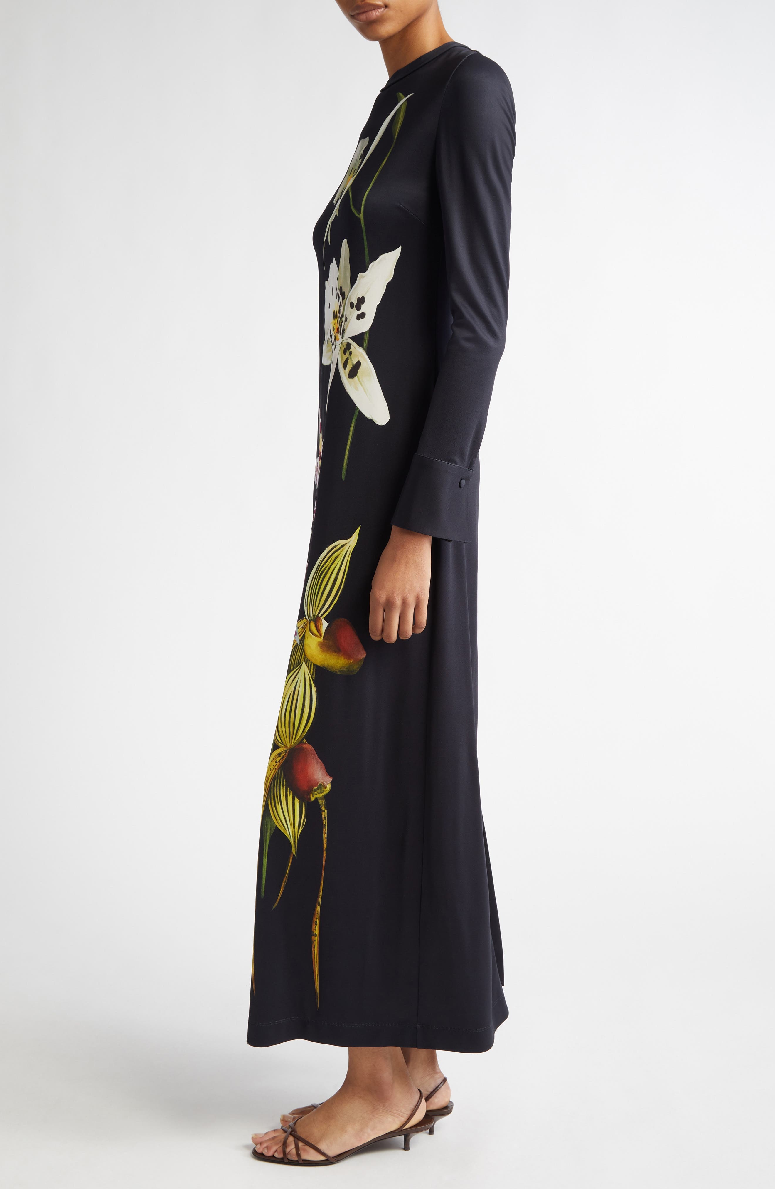 Oscar de la Renta Orchid Print Long Sleeve Jersey Dress in Dark Navy Multi at Nordstrom - 3