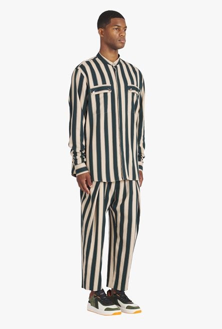 Sand-colored and dark green eco-designed striped shirt - 7