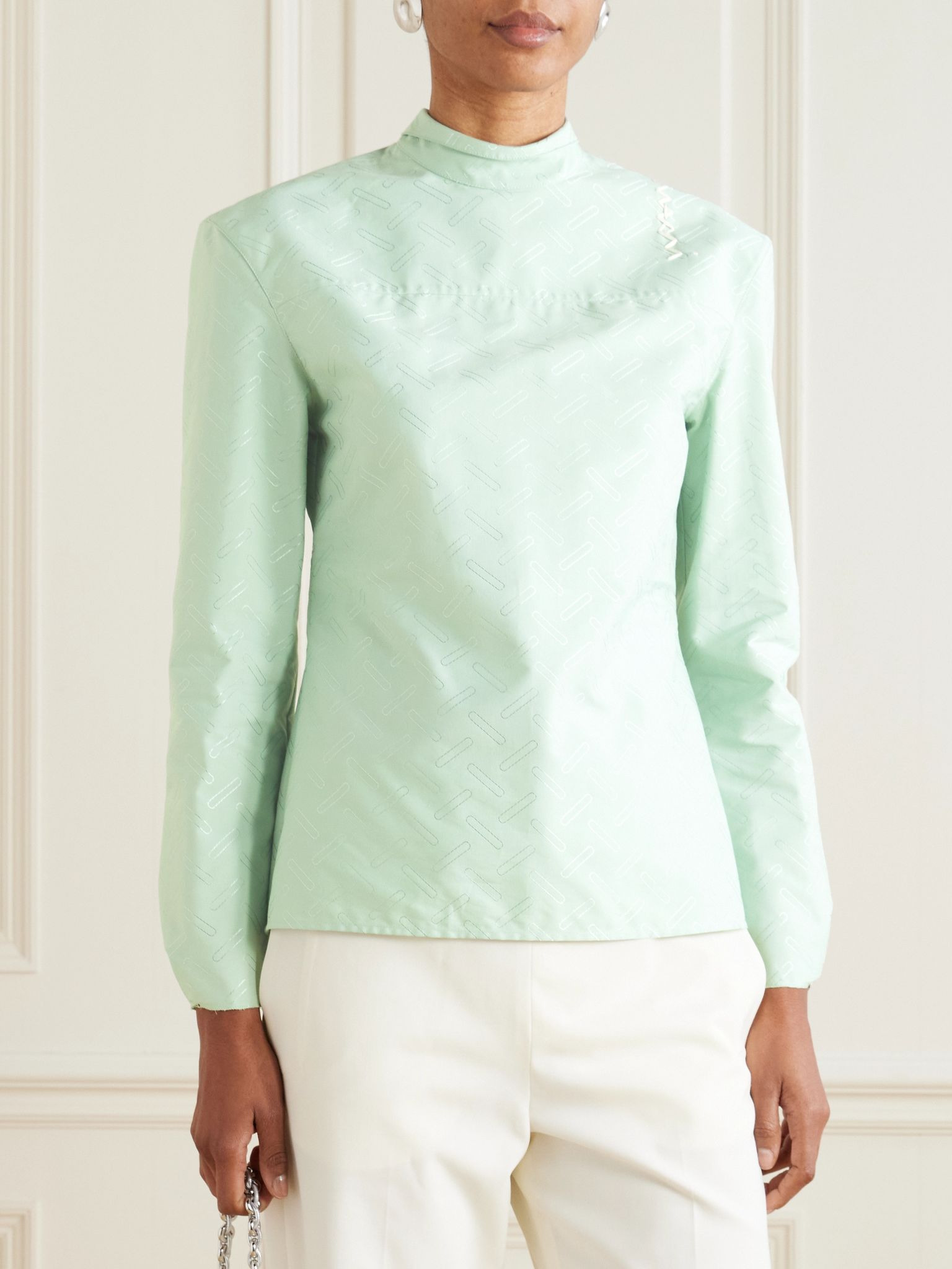 Embroidered cotton-blend jacquard blouse Mint - 3