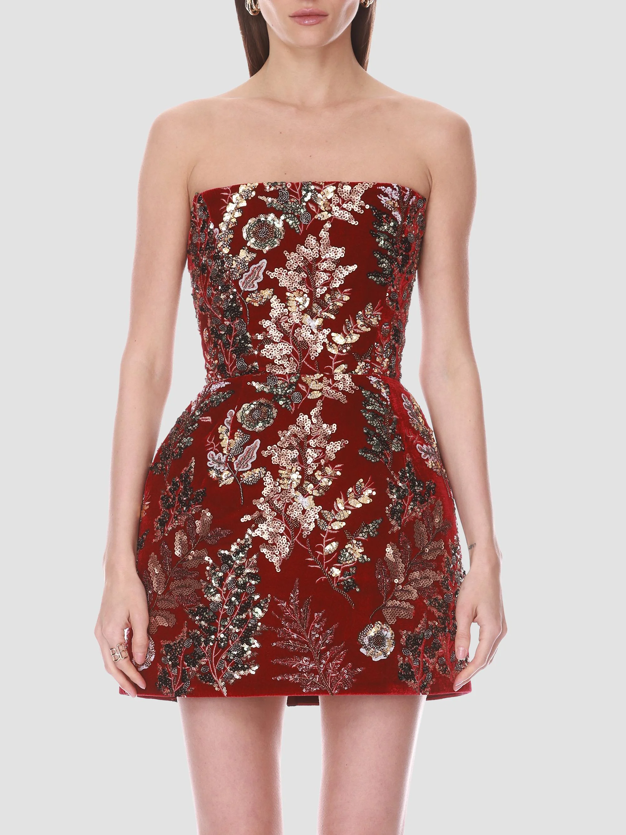 Women's Embellished Velvet Fit & Flare Strapless Mini Dress - Merlot Multi - 1