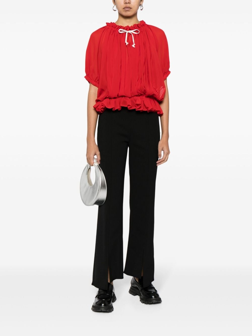 contrasting-bow ruched semi-sheer blouse - 2