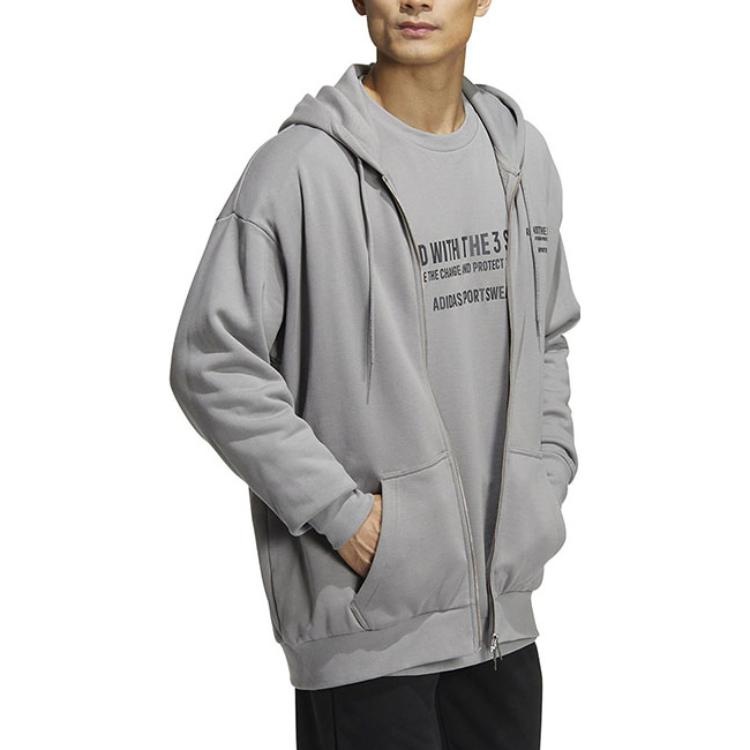 Men's adidas Alphabet Printing Pattern Drawstring Hooded Long Sleeves Jacket Light Grey HZ7027 - 4