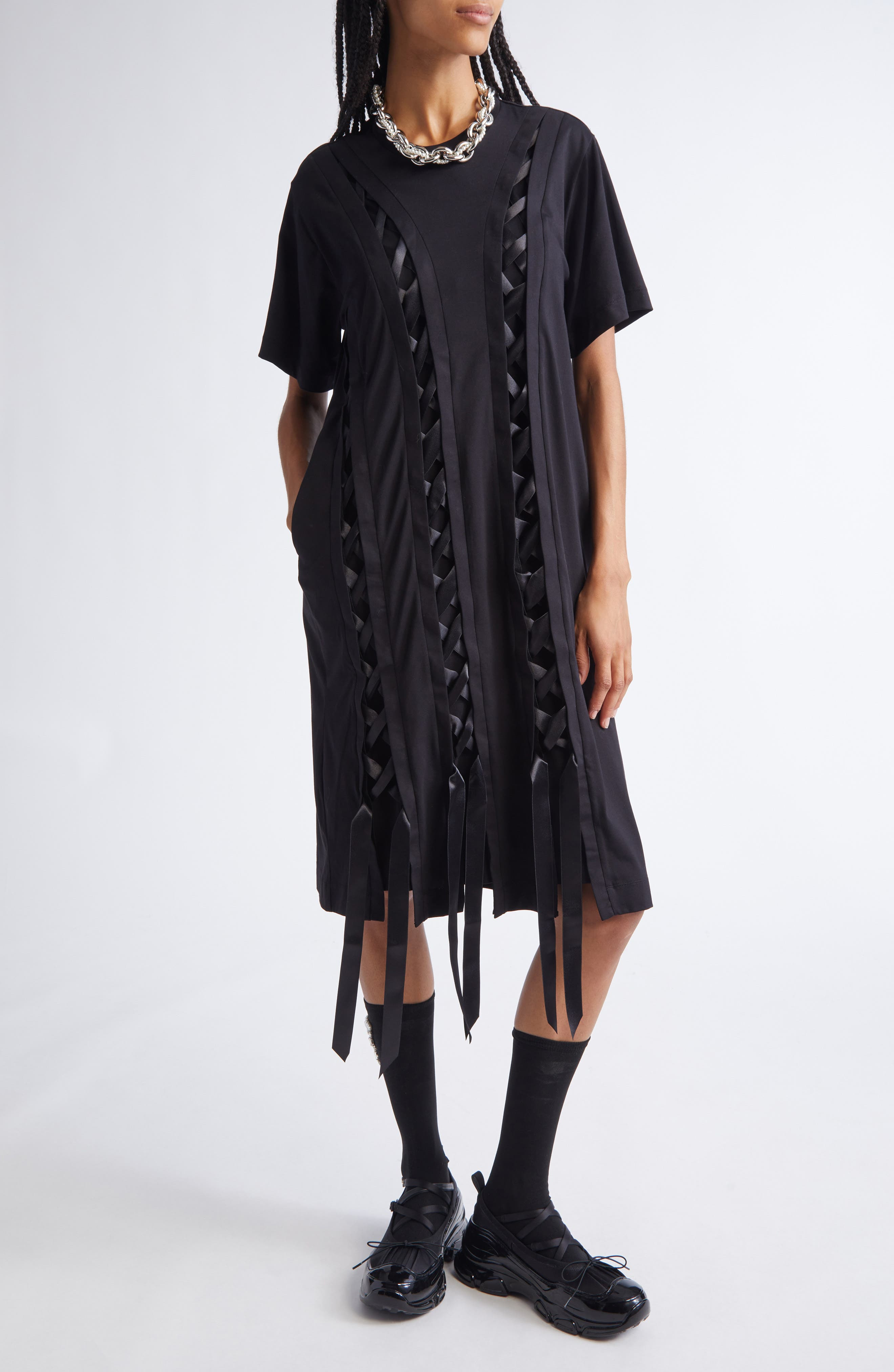 Simone Rocha Unraveling Ribbon Inset T-Shirt Dress in Black at Nordstrom - 1