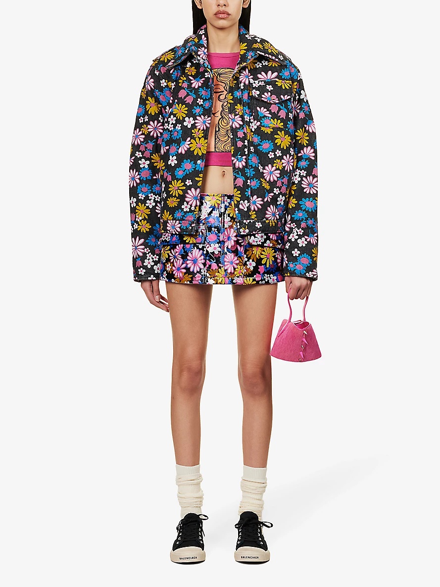 Floral-pattern mid-rise denim mini skirt - 2