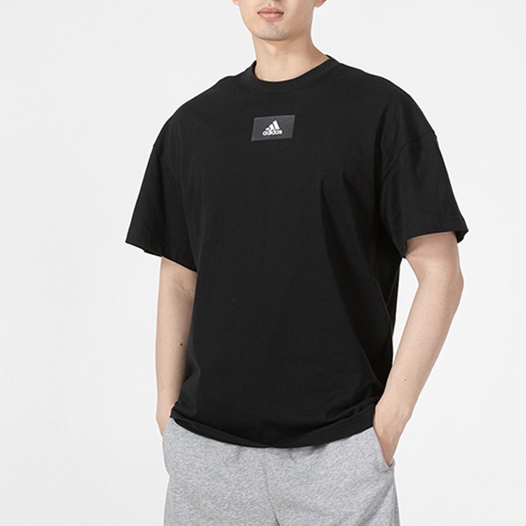 Men's adidas Printing Logo Solid Color Round Neck Pullover Short Sleeve Black T-Shirt HE4361 - 2