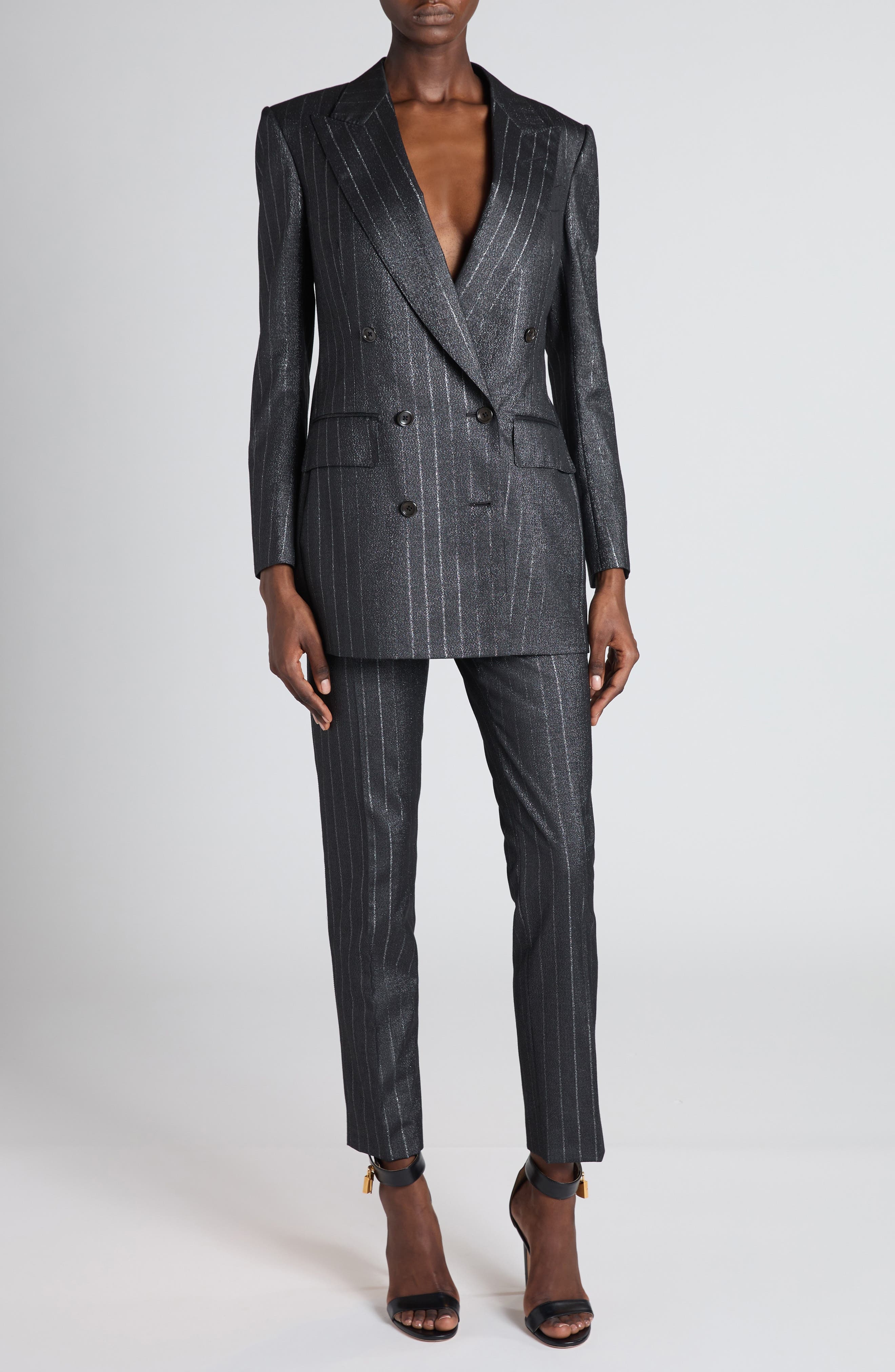 TOM FORD Metallic Stripe Wool Blend Ankle Pants in Dark Silver at Nordstrom - 2