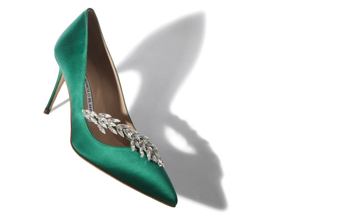 Green Satin Jewel Buckle Pumps - 2