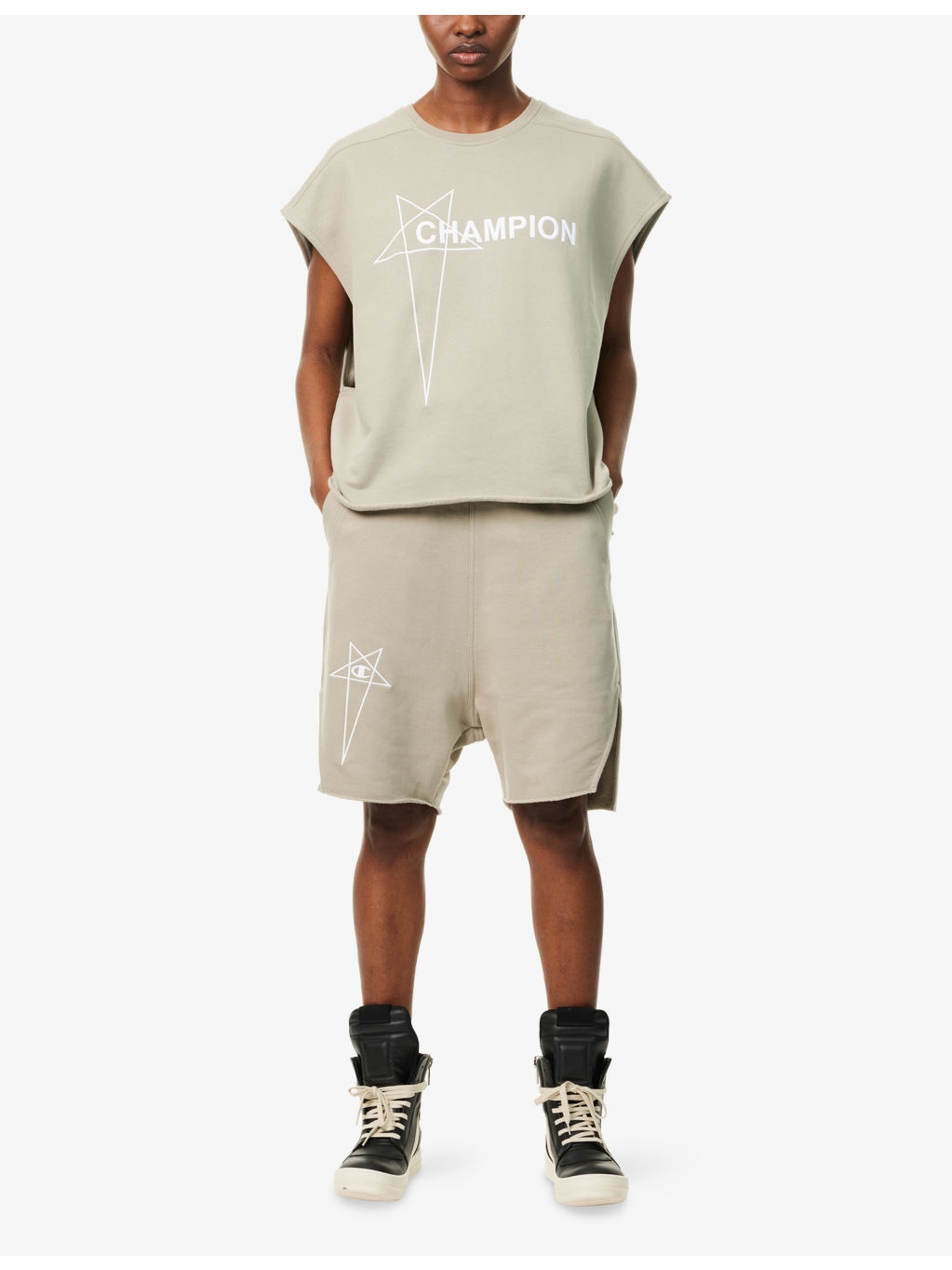 Rick Owens X Champion Beveled Logo-Embroidery Cotton-Jersey Shorts - 2