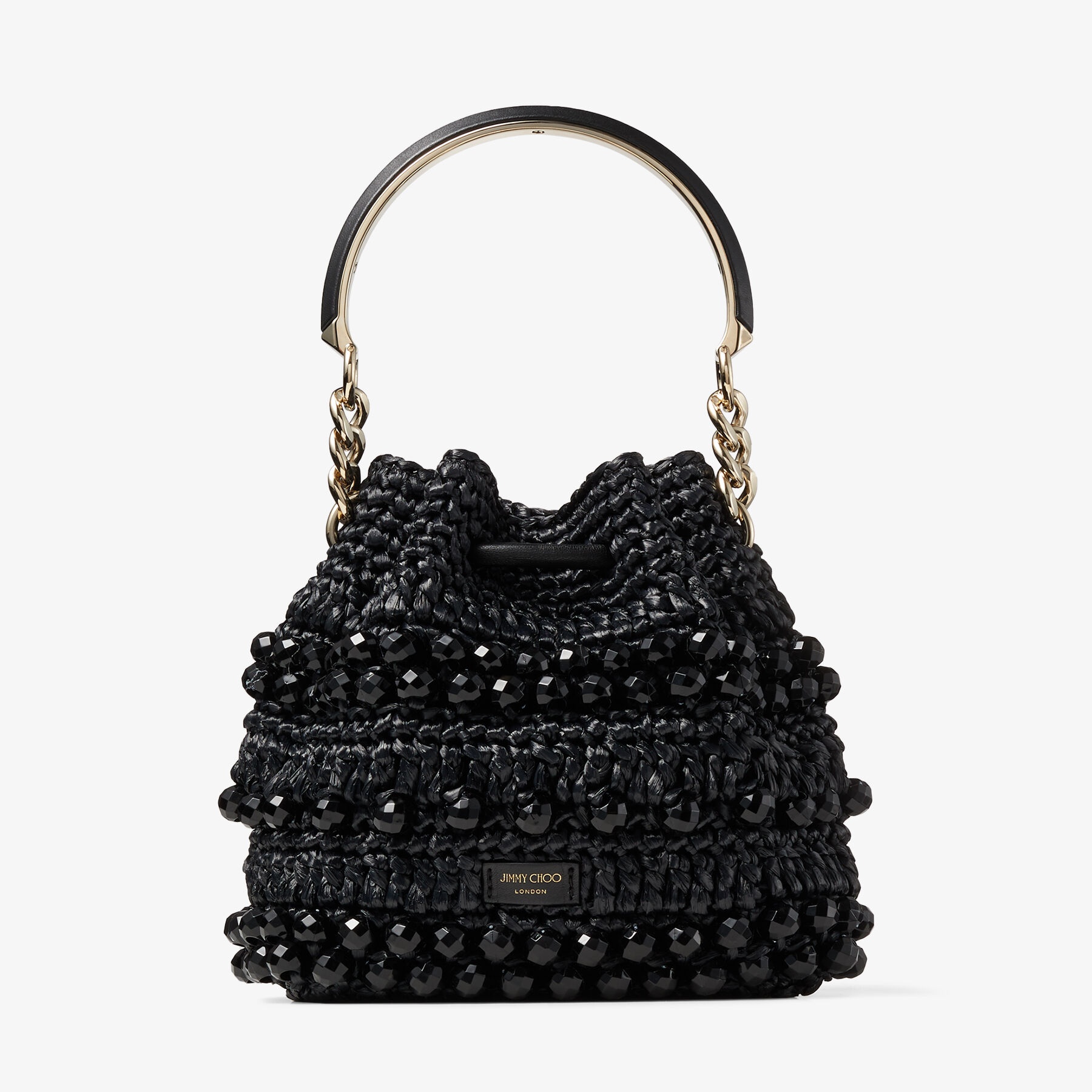 JIMMY CHOO Bon Bon Bucket S Black Beaded Raffia and Smooth Leather 