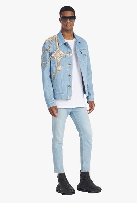 Light blue eco-designed denim jacket with jewel embroidery - 2